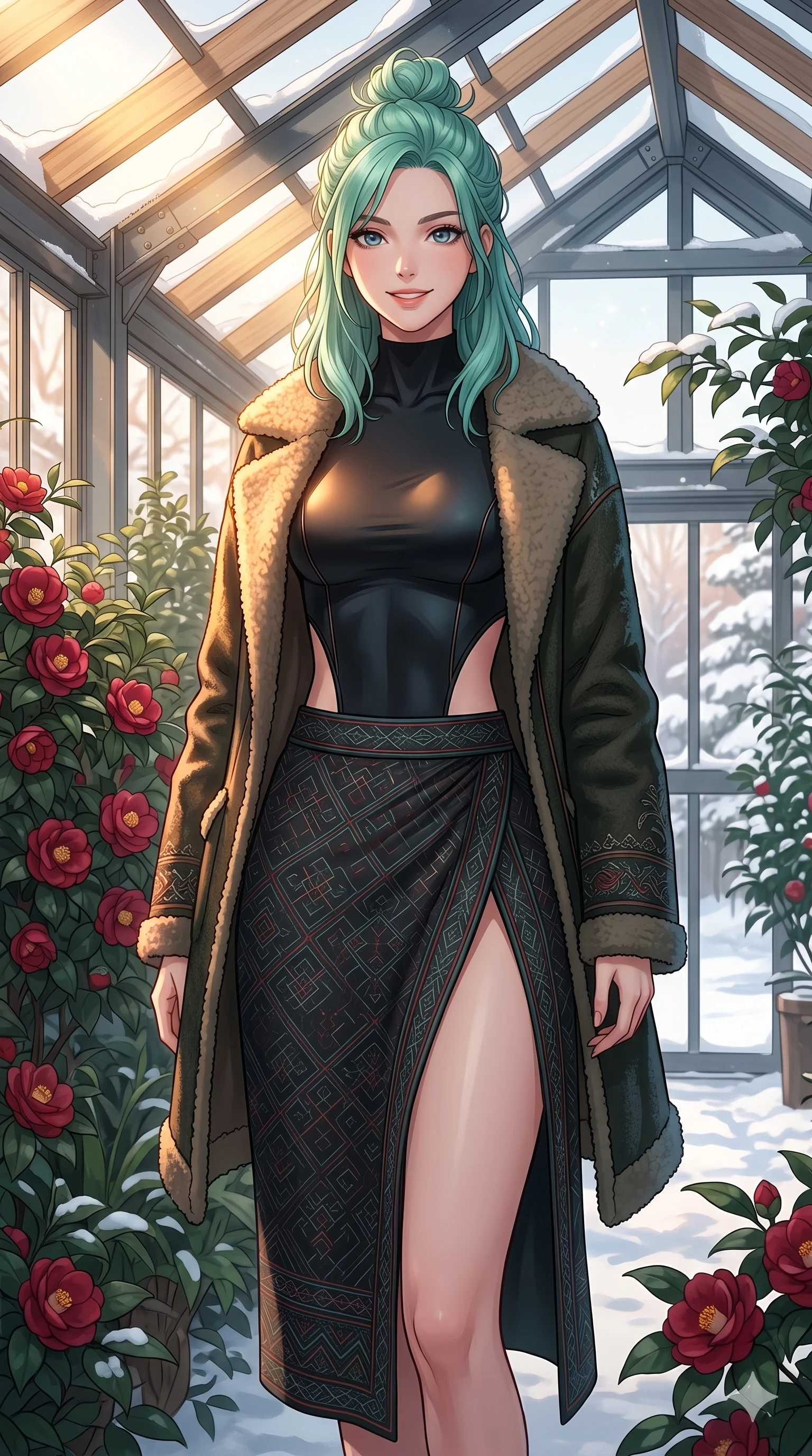 score_9, masterpiece, best quality, ultra-detailed, high-budget anime keyframe, vibrant anime aesthetic, Japanese woman. cowboy shot from the thighs up, character and outfit filling the frame for maximum presence. She is standing proud and tall in snow, her face lit by a warm, lively smile of confidence inside a modern greenhouse filled with red camellias (Code-P21-091). She has an absolutely perfect 8-heads proportion, an exceptionally tall and slender female figure with impossibly long slender legs and an ultra-slim waist. V-shaped jawline, high-bridge nose, intricate jewel-like eyes with depth, thick eyelashes, glossy lips with a natural sheen. wearing a neoprene bodysuit with side cut-outs and high-slit wrap in winter cabin. She is illuminated by warm, golden sun rays highlighting the textures of her cozy coat. 2k, ultra detail, master piece, 9:16 ratio
