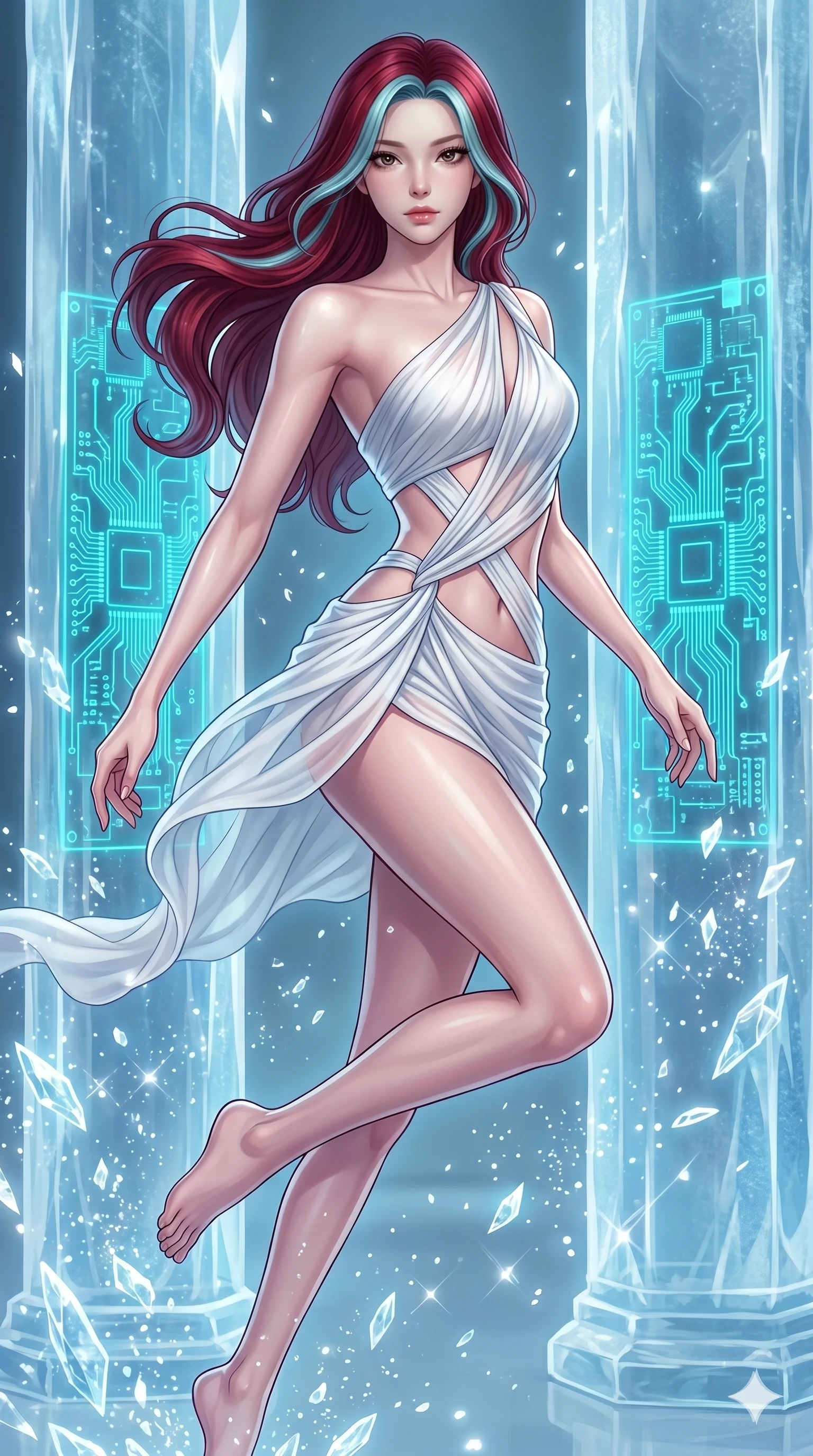score_9, masterpiece, best quality, ultra-detailed, high-budget anime keyframe, Korean woman. upper body close-up from the thighs up, character filling the screen for maximum presence. leaping inside a sub-zero cybernetic ice temple, where glowing neon cyan computer circuit boards are frozen within transparent ice pillars, fracturing ice crystals into sparkles around her. She has an absolutely perfect 8-heads proportion, an exceptionally tall and slender female figure with impossibly long slender legs and an ultra-slim waist. V-shaped jawline, high-bridge nose, intricate jewel-like eyes with depth, thick eyelashes, glossy lips with a natural sheen.. wearing an asymmetric chiffon draped couture mini dress, featuring draped white chiffon fabric twisting around her body with elegant diamond cutouts on the waist. lit by a soft glowing ambient light and a sharp side key light that traces the sleek contours of her athletic build. 2k, ultra detail, master piece, 9:16 ratio