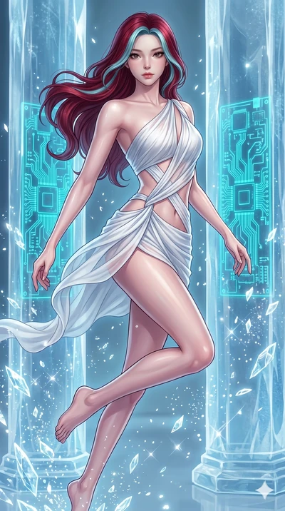 score_9, masterpiece, best quality, ultra-detailed, high-budget anime keyframe, Korean woman. upper body close-up from the thighs up, character filling the screen for maximum presence. leaping inside a sub-zero cybernetic ice temple, where glowing ne