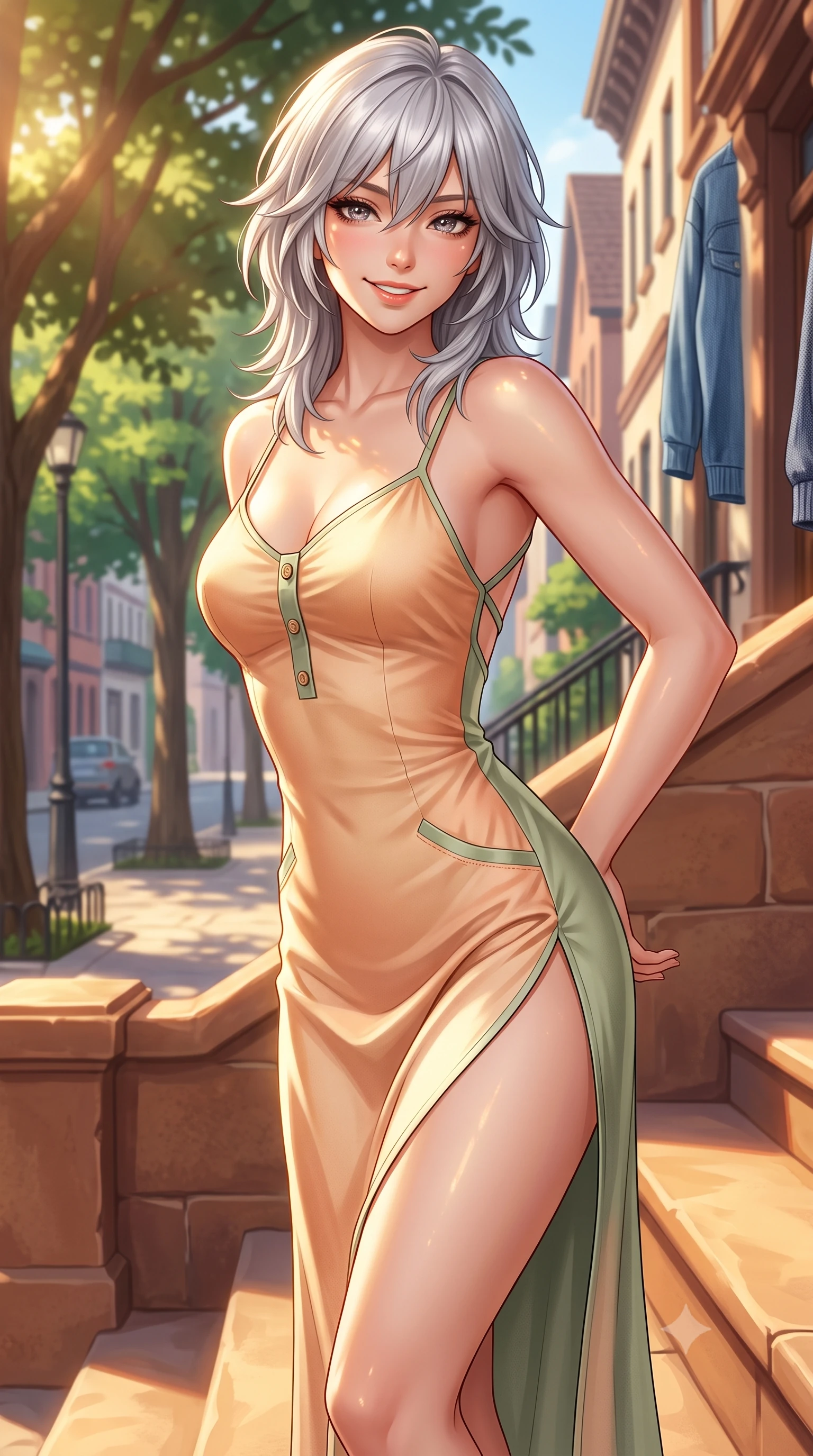 score_9, masterpiece, best quality, ultra-detailed, high-budget anime keyframe, semi-realistic 3D game render, editorial fashion photography, tasteful artistic composition, Japanese woman. close-up cowboy shot from the waist and thighs up, the character dominates the composition, filling the frame with her large presence. resting both hands lightly behind her back while leaning toward the lens with a cheerful, teasing grin, her form-fitting outfit hugging her narrow waist and feminine hip curve while standing poised at the top of the stoop, twisting her slender torso in an alluring S-curve as afternoon sunlight filters through tree-lined streets. The surrounding environment is rendered in vivid detail and crisp panoramic clarity. detailed denim and knit outfit texture, golden sun specular glints on skin, and Village streetscape clarity in high resolution. She has an exceptionally elegant, slender, and willowy female figure with an ultra-slim waist, flat toned midriff, narrow ribcage, and sculpted feminine hips creating an alluring, slim hourglass silhouette without bulk. sharp v-shaped jawline, high-bridge nose, intricate jewel-like sparkling eyes with depth, thick eyelashes, glossy parted lips with a natural peach sheen, bright cheerful beaming smile with an enchanting and coquettish sensual glint, exuding both youthful cute charm and seductive allure, flawlessly proportioned anatomical accuracy, strict slender model proportions, natural body alignment, perfectly sculpted long slender limbs, ultra-slim waistline, clean dynamic posture without body distortion. wearing a breezy silk-satin slip dress featuring a thigh-high side slit ascending to the high hip and criss-cross back straps in soft apricot and sage green, tailored from crisp cotton poplin with clean structural lines, finished with neat front wooden buttons and delicate pocket details, the high-waisted tailoring accentuating her ultra-slim waistline and the enchanting curve of her feminine hips with alluring charm. illuminated by warm sandstone stoop bounce light contouring her razor-sharp jawline, narrow waist, and curvy hips. highly saturated vibrant anime colors, detailed shading with soft gradients, rich glossy textures, high-contrast stereoscopic depth, volumetric dynamic lighting, master piece, 9:16 ratio