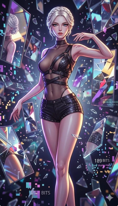 score_9, masterpiece, best quality, ultra-detailed, Set A: High-budget Anime Keyframe, Korean woman. Upper body close-up from the thighs up, character filling the screen for maximum presence. Dancing through a dimension of floating mirrors, while a d