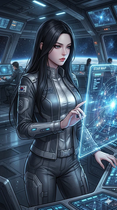 score_9, masterpiece, best quality, ultra-detailed, high-budget anime keyframe, Korean woman. Upper body close-up from the thighs up, character filling the screen for maximum presence. On a spacecraft bridge, during a navigation check, looking at the