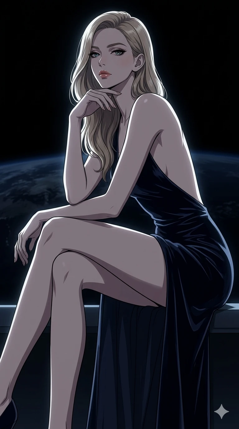 score_9, masterpiece, best quality, ultra-detailed, high-budget anime keyframe, editorial fashion photography, tasteful artistic composition, Caucasian woman, strictly human ears. cowboy shot from the thighs up, character and outfit filling the frame for maximum editorial presence. resting her chin on the back of her fingers, looking down at the camera with a haughty, expressionless face at a VIP lounge of an orbital space station overlooking the dark Earth (Scenario Code H-57). She has an absolutely perfect 8-heads proportion, an exceptionally tall and slender female figure with impossibly long slender legs and an ultra-slim waist. V-shaped jawline, high-bridge nose, intricate jewel-like eyes with depth, thick eyelashes, glossy lips with a natural sheen. wearing a floor-length dark velvet gown with a daring high side slit to the hip and a completely scooped open-back. illuminated by a sharp side key light tracing her sleek curves against the darkness. 2k, ultra detail, master piece, 9:16 ratio