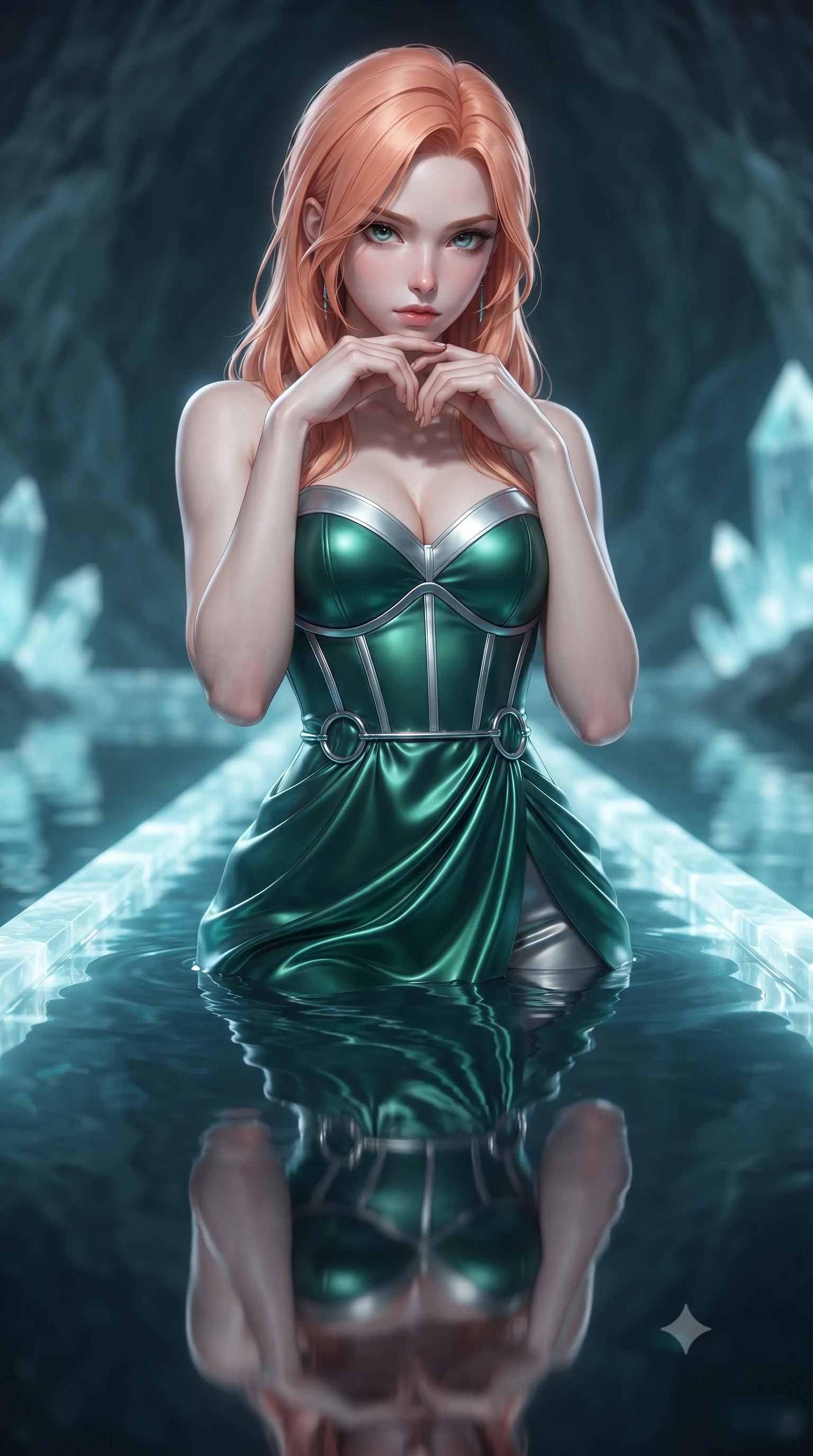 score_9, masterpiece, best quality, ultra-detailed, high-budget anime keyframe, editorial fashion photography, tasteful artistic composition, Japanese woman. close-up cowboy shot from the waist and thighs up, the character dominates the composition, filling the frame with her large presence, background elements kept in soft focus. Resting her chin on the backs of her fingers, casting a sharp, mysterious gaze stepping along a glowing quartz crystal bridge over a subterranean mirror lake, still mirror-like water below reflecting her statuesque figure flawlessly. She has an exceptionally elegant, slender, and willowy female figure with an ultra-slim waist, a gracefully sculpted slender torso, and a refined silhouette. sharp v-shaped jawline, high-bridge nose, intricate jewel-like eyes with depth, thick eyelashes, glossy lips with a natural sheen. wearing a modern fusion silk hanbok dress with a structured bodice in deep emerald green and silver accent, crafted from lustrous satin jersey with fluid draping, accented with delicate chrome ring hardware framing her waist, the elegant draped fit framing her graceful clavicle and slender torso. surrounded by a cool jewel-toned luminescence with bright specular rim lights. ultra-reflective glossy finish, specular highlights, metallic sheen, high-contrast stereoscopic depth, volumetric dynamic lighting, 2k, ultra detail, master piece, 9:16 ratio