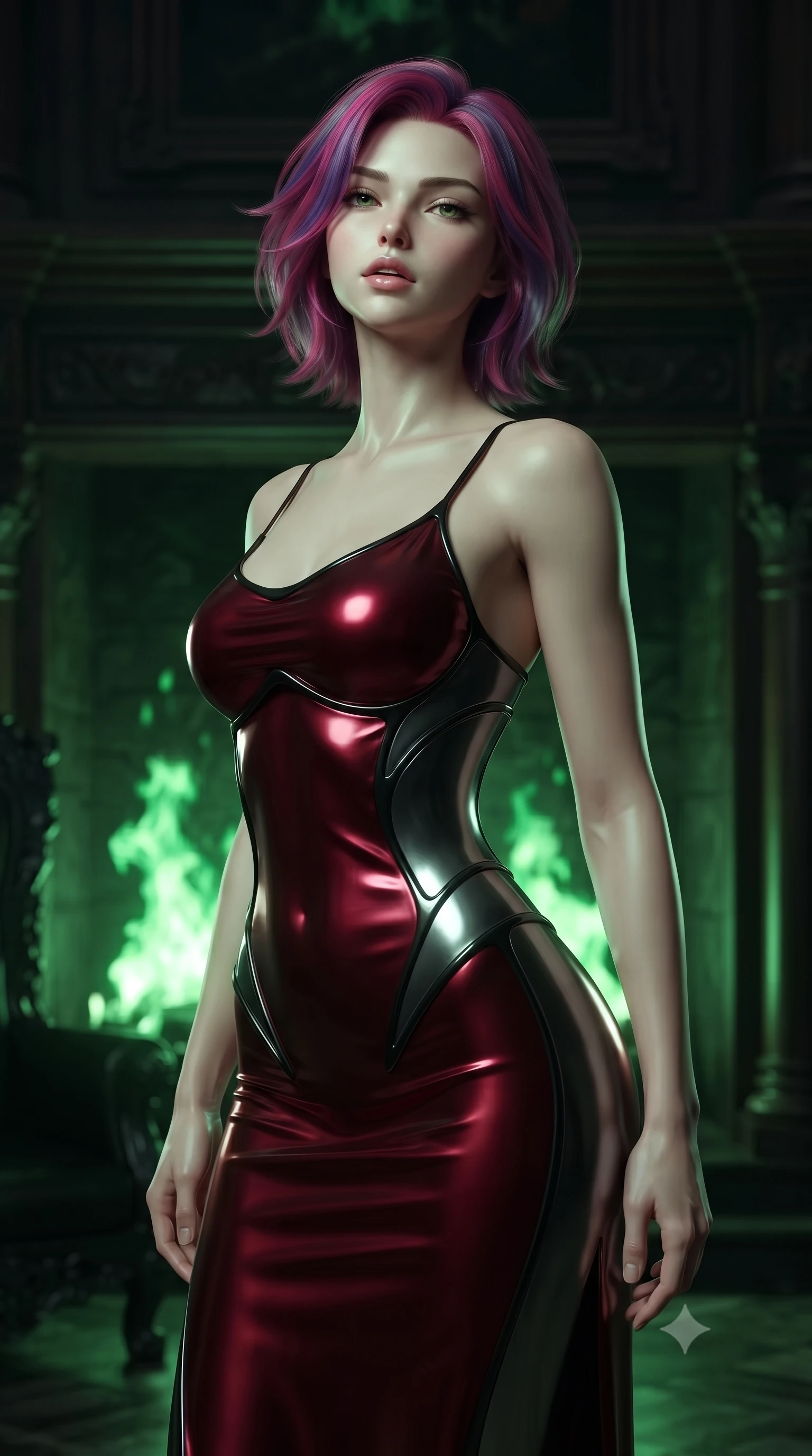 score_9, masterpiece, best quality, ultra-detailed, high-budget anime keyframe, editorial fashion photography, tasteful artistic composition, Caucasian woman. close-up cowboy shot from the waist and thighs up, the character dominates the composition, filling the frame with her large presence, background elements kept in soft focus. Tilting her chin up slightly with lips parted in a composed, mysterious expression, standing before a massive dark mahogany fireplace with roaring green flames, dramatic green firelight casting eerie shadows across the obsidian throne. She has an exceptionally elegant, slender, and willowy female figure with an ultra-slim waist, a gracefully sculpted slender torso, and a refined silhouette. sharp v-shaped jawline, high-bridge nose, intricate jewel-like eyes with depth, thick eyelashes, glossy lips with a natural sheen. wearing form-contouring dark crimson liquid silk long slip dress in metallic dark silver, made of sculpted obsidian metallic chrome, adorned with minimalist black onyx hardware framing the silhouette, the fitted fabric emphasizing her ultra-slim waist. surrounded by high-contrast baroque chiaroscuro with sharp rim highlights. ultra-reflective glossy finish, specular highlights, metallic sheen, high-contrast stereoscopic depth, volumetric dynamic lighting, 2k, ultra detail, master piece, 9:16 ratio