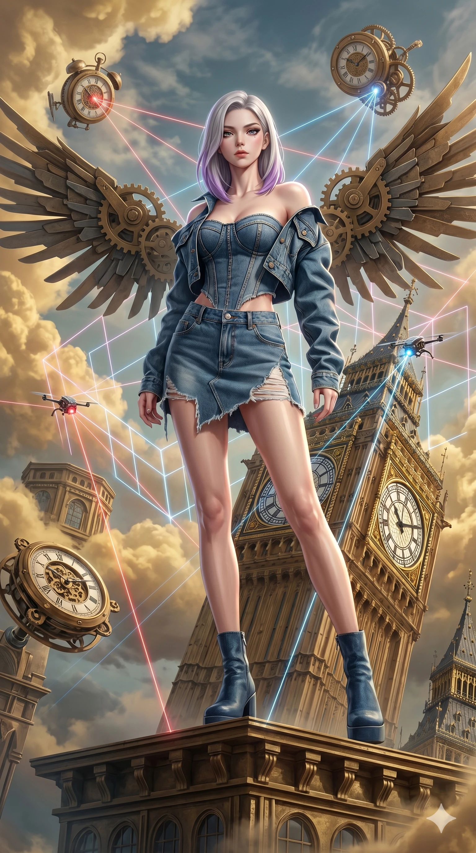 score_9, masterpiece, best quality, ultra-detailed, high-budget anime keyframe, editorial fashion photography, tasteful artistic composition, Caucasian woman, strictly human ears. low angle full-body shot from head to toe showing her feet, filling the entire 9:16 vertical frame with her statuesque presence, stretching her vertical silhouette. swirling in a vortex of atop a floating brass clock tower surrounded by golden clouds and mechanical gearwings as micro-drones emitting laser beams draw grid lines in the air. She has an absolutely perfect 8-heads proportion, an exceptionally tall and slender female figure with impossibly long slender legs and an ultra-slim waist. V-shaped jawline, high-bridge nose, intricate jewel-like eyes with depth, thick eyelashes, glossy lips with a natural sheen.. wearing a deconstructed denim corset and an asymmetric ripped denim structured mini-skirt, showcasing a rugged yet chic off-shoulder style. enhanced by a luminous pastel spectrum glow, casting elegant rim lights on her shoulders and jawline. 2k, ultra detail, master piece, 9:16 ratio