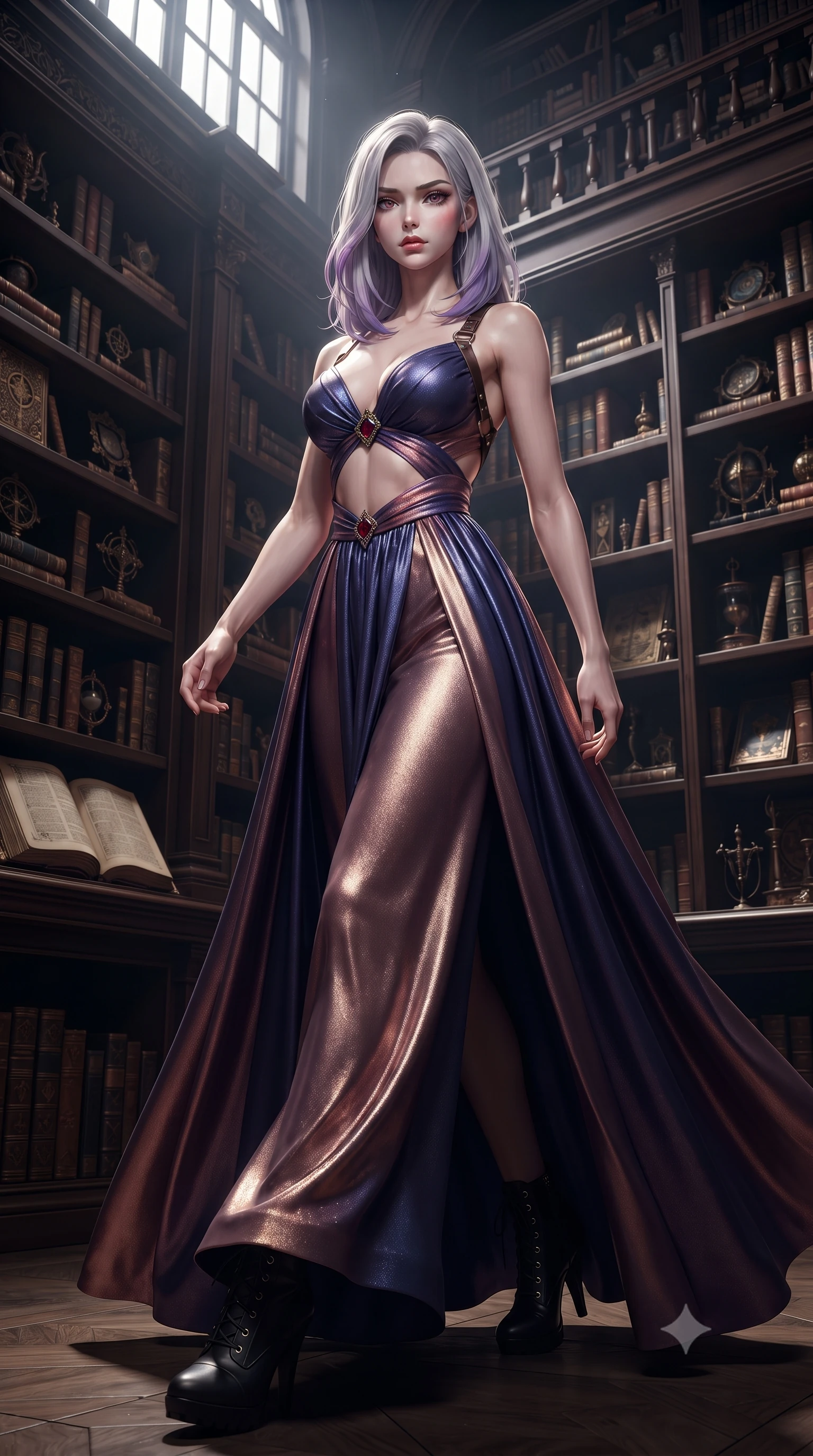 score_9, masterpiece, best quality, ultra-detailed, high-budget anime keyframe, editorial fashion photography, tasteful artistic composition, Caucasian woman. low angle full-body shot from head to toe showing her feet, filling the entire 9:16 vertical frame with her statuesque presence, stretching her vertical silhouette. striding forward in a proud, dynamic supermodel runway stride, hips swaying in an alluring kinetic rhythm that stretches her silhouette while stretching her slender torso in an alluring S-curve while browsing ancient grimoires on towering gothic library shelves. The surrounding environment is rendered in vivid detail and crisp panoramic clarity. deep moody chiaroscuro and decadent Victorian vampire sanctuary aesthetics captured with precision. She has an absolutely perfect, statuesque 8.5-heads proportion, an exceptionally tall and slender model-like female figure with impossibly long slender legs, a toned flat midriff, and an ultra-slim waist. sharp v-shaped jawline, high-bridge nose, intricate jewel-like eyes with depth, thick eyelashes, glossy parted lips with a natural sheen, intensely captivating and seductive expression, flawlessly proportioned anatomical accuracy, strict slender model proportions, natural body alignment, perfectly sculpted long slender limbs, ultra-slim waistline, clean dynamic posture without body distortion. wearing a deep sweetheart neckline velvet ballgown with an exposed midriff cutout framed by ruby clasps in royal indigo and antique rose gold, crafted from luxurious metallic lamé that shifts radiance with every step, featuring an open-back criss-cross harness strap in dark leather, the liquid-tight tailored fabric emphasizing every curve of her tall, slender model proportions and sculptured silhouette during dynamic movement. surrounded by an opulent, intimate, and irresistibly hypnotic dark romance aura. ultra-reflective glossy finish, specular highlights, rich textural contrasts, high-contrast stereoscopic depth, volumetric dynamic lighting, 2k, ultra detail, master piece, 9:16 ratio