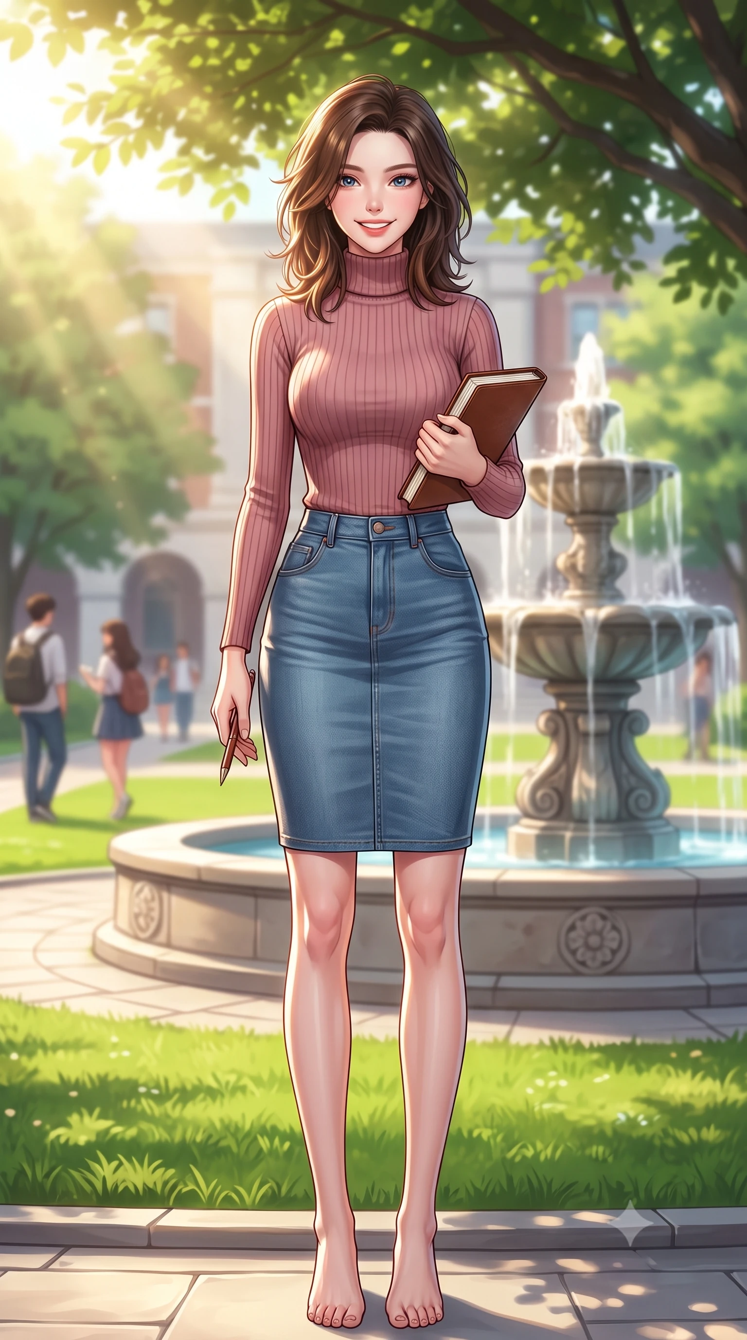score_9, masterpiece, best quality, ultra-detailed, high-budget anime keyframe, editorial fashion photography, tasteful artistic composition, Korean woman. low angle full-body shot from head to toe showing her feet, filling the entire 9:16 vertical frame with her statuesque presence, stretching her vertical silhouette. standing with a cute, bright pose, tilting her head with a beaming smile set against a soft-focus background of in a lively university plaza near a decorative stone fountain and green lawns holding a leather-bound journal and a matching pen. She has an absolutely perfect, statuesque 8.5-heads proportion, an exceptionally tall and slender model-like female figure with impossibly long slender legs and an ultra-slim waist. sharp v-shaped jawline, high-bridge nose, intricate jewel-like eyes with depth, thick eyelashes, glossy lips with a natural sheen. wearing body-hugging form-fitting ribbed knit turtleneck in dusty rose, tucked into a slim denim pencil skirt. warm morning sunbeams filtering through the leafy tree canopy. highly saturated vibrant anime colors, detailed shading with soft gradients, rich glossy textures, high-contrast stereoscopic depth, volumetric dynamic lighting, master piece, 9:16 ratio
