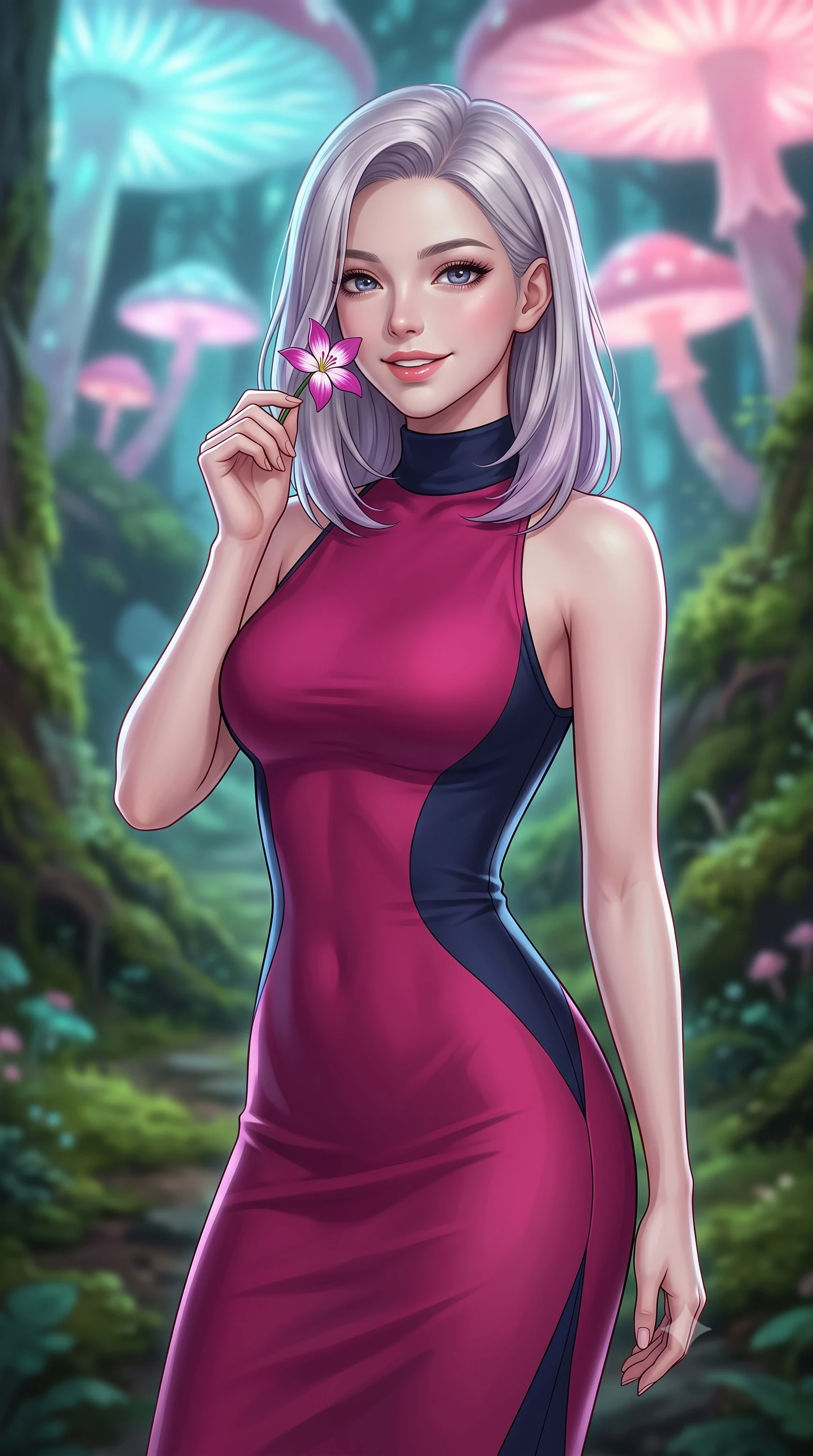 score_9, masterpiece, best quality, ultra-detailed, high-budget anime keyframe, editorial fashion photography, tasteful artistic composition, Caucasian woman, strictly human ears. close-up cowboy shot from the waist and thighs up, the character dominates the composition, filling the frame with her large presence, background elements kept in soft focus. Holding a delicate flower near her cheek, smiling with dreamy happiness. set against a soft-focus background of walking along a mossy path in an ancient forest under a canopy of giant bioluminescent glowing mushrooms that emit soft cyan and pink light. She has an exceptionally elegant, slender, and willowy female figure with a highly-defined ultra-slim waist, a gracefully sculpted slender torso, and a refined slim-fit silhouette that contours her form. sharp v-shaped jawline, high-bridge nose, intricate jewel-like eyes with depth, thick eyelashes, glossy lips with a natural sheen. wearing a high-neck bodycon midi dress in a dual-tone of fuchsia and navy, sculpting her slender dancer frame with elegant lines. soft glowing ambient light with sharp side key light tracing the sleek contours of her figure. 2k, ultra detail, master piece, 9:16 ratio
