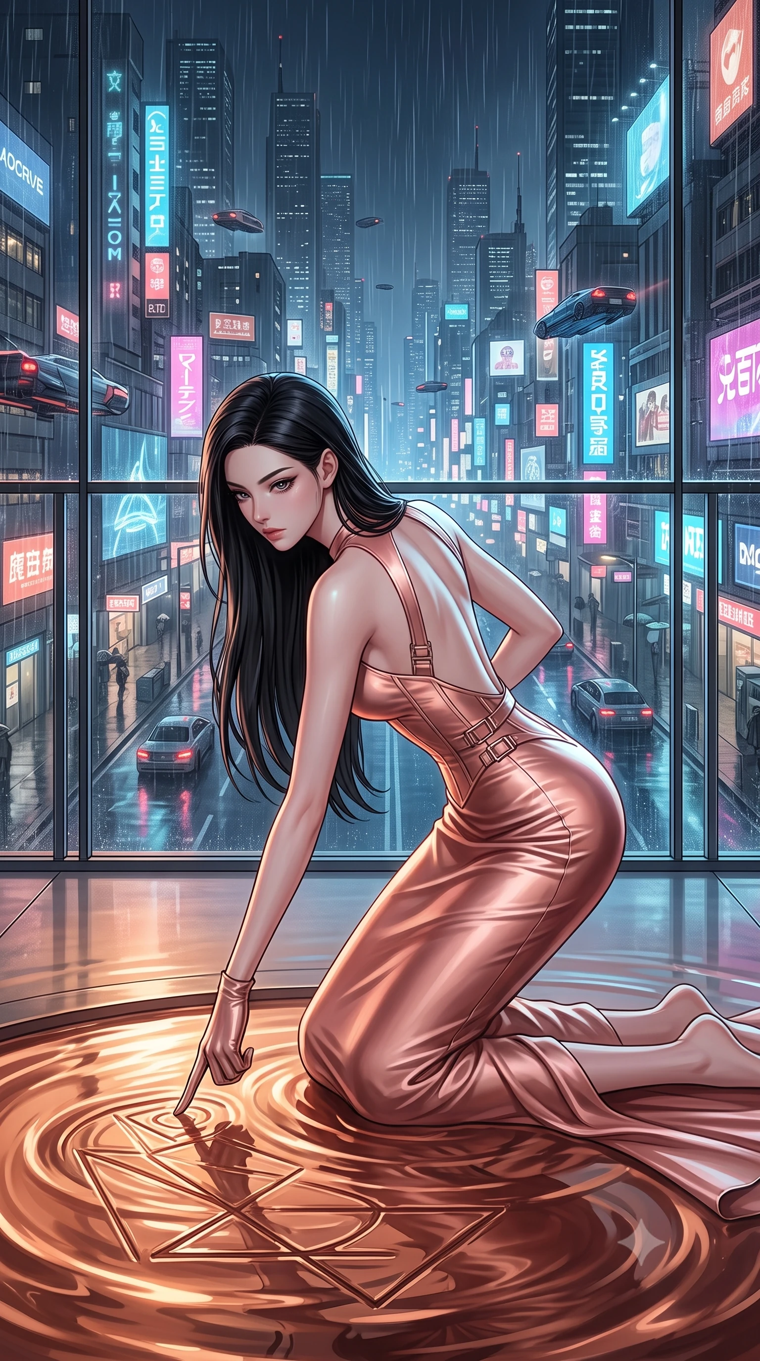 score_9, masterpiece, best quality, ultra-detailed, High-budget Anime Keyframe, East Asian woman. Dynamic full-body shot stretching the vertical silhouette to the limit. Scenario 532: tracing geometric patterns in a pool of warm liquid copper inside a minimalist glass balcony overlooking a rainy cyberpunk megacity. Her presence is magnetic and overpowering in this high-budget anime scene. Outfit 532: a slim-fit rose-gold liquid silk corset dress with a dramatic backless design and metallic buckles. The clothing is designed to emphasize her exceptionally tall and slender 8-heads proportion. 8-heads proportion, towering silhouette, ultra-slim waist. sharp v-shaped jawline, intricate jewel-like eyes with depth, thick eyelashes, glossy lips. 2k, ultra detail, master piece, 9:16 ratio