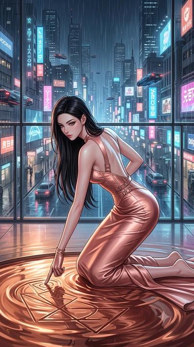 score_9, masterpiece, best quality, ultra-detailed, High-budget Anime Keyframe, East Asian woman. Dynamic full-body shot stretching the vertical silhouette to the limit. Scenario 532: tracing geometric patterns in a pool of warm liquid copper inside 