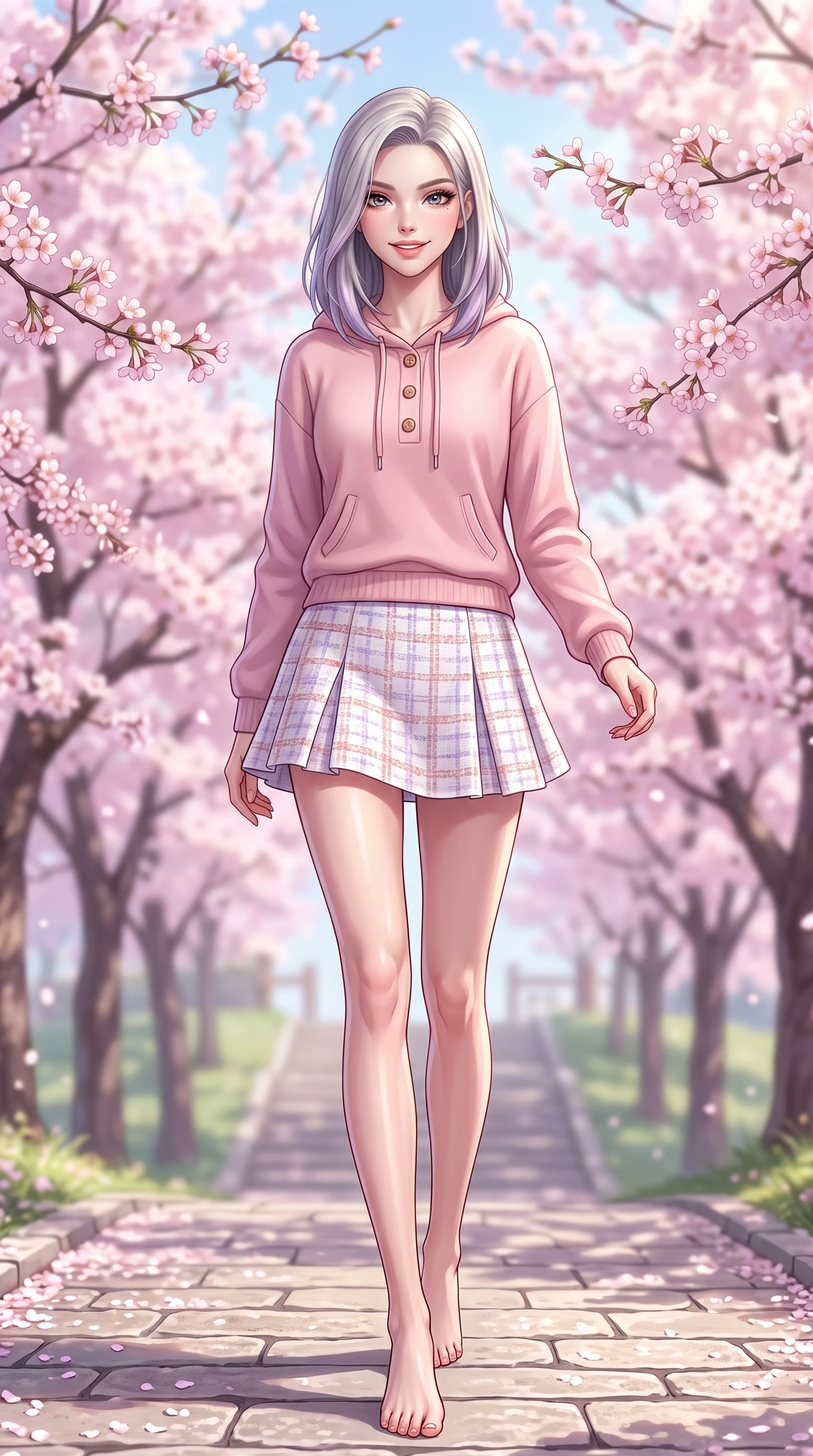 score_9, masterpiece, best quality, ultra-detailed, high-budget anime keyframe, editorial fashion photography, tasteful artistic composition, Caucasian woman. low angle full-body shot from head to toe showing her feet, filling the entire 9:16 vertical frame with her statuesque presence, stretching her vertical silhouette. stepping forward gracefully in mid-motion with a delighted cute expression, displaying her statuesque model proportions while walking up a gentle hill path lined with blooming sakura cherry trees in full spring bloom. The composition keeps background elements in soft focus with dreamy bokeh. pastel spring sky refractions and flower branches blurred in smooth creamy depth. She has an absolutely perfect, statuesque 8.5-heads proportion, an exceptionally tall and slender model-like female figure with impossibly long slender legs and an ultra-slim waist. sharp v-shaped jawline, high-bridge nose, intricate jewel-like eyes with depth, thick eyelashes, glossy lips with a natural sheen, flawlessly proportioned anatomical accuracy, natural body alignment, perfectly sculpted elegant limbs, clean dynamic posture without body distortion. wearing a cozy pastel-pink hoodie sweater paired with a white tennis skirt in pastel lilac and soft rose gold, tailored from soft pastel tweed with subtle metallic thread, finished with neat front wooden buttons and pocket details, the chic real-way fashion cut emphasizing her effortless charm. surrounded by a fresh, sweet, and nostalgic spring park atmosphere. highly saturated vibrant anime colors, detailed shading with soft gradients, rich glossy textures, high-contrast stereoscopic depth, volumetric dynamic lighting, master piece, 9:16 ratio