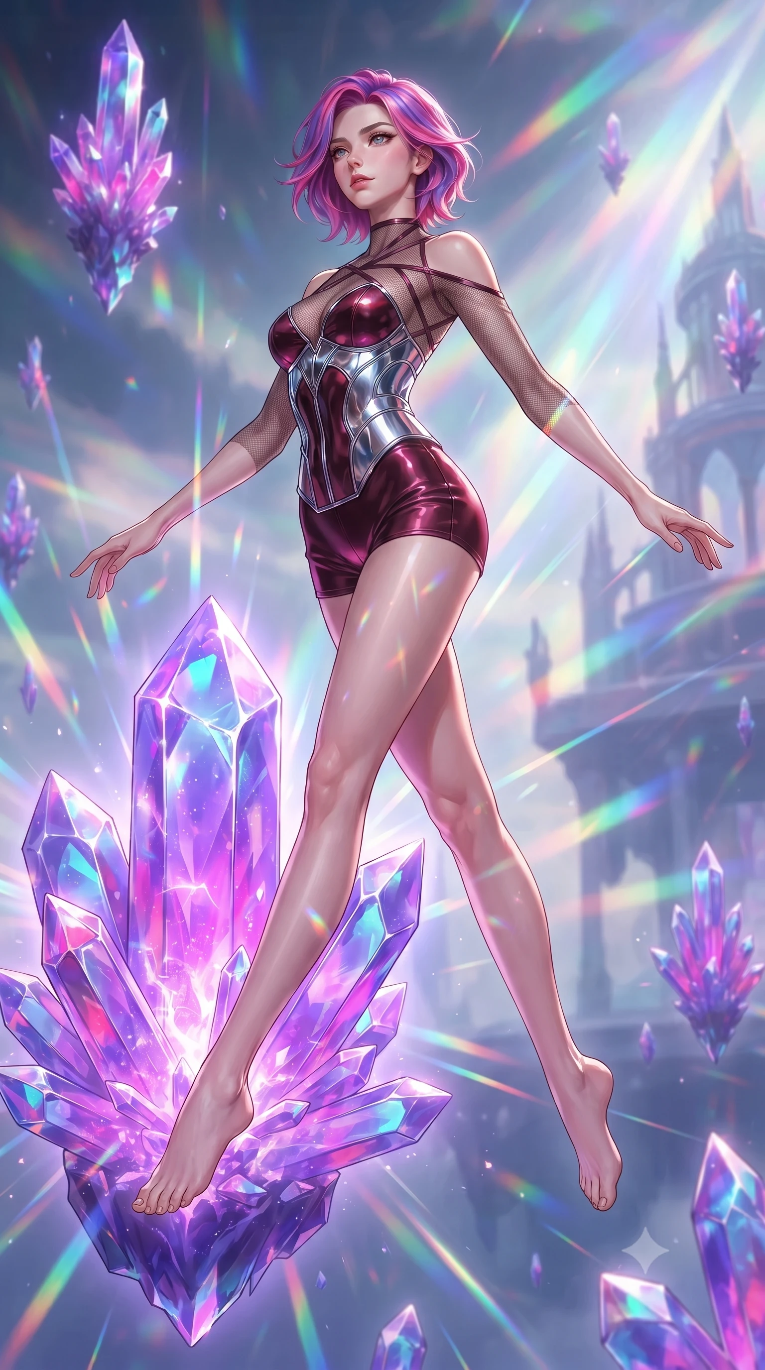 score_9, masterpiece, best quality, ultra-detailed, high-budget anime keyframe, editorial fashion photography, tasteful artistic composition, Caucasian woman. low angle full-body shot from head to toe showing her feet, filling the entire 9:16 vertical frame with her statuesque presence, stretching her vertical silhouette. leaping gracefully through the environment with statuesque elegance and long slender legs touching a giant floating violet crystal cluster emitting pulsing energy, massive violet and magenta crystal facets scattering prismatic light rays. She has an absolutely perfect, statuesque 8.5-heads proportion, an exceptionally tall and slender model-like female figure with impossibly long slender legs and an ultra-slim waist. sharp v-shaped jawline, high-bridge nose, intricate jewel-like eyes with depth, thick eyelashes, glossy lips with a natural sheen. wearing a chrome-plated structured bodice worn over a sheer mesh top and micro-shorts in deep burgundy and bronze, crafted from smooth liquid silk, complemented by criss-cross back straps highlighting her bare shoulders, the tailored fabric tightly following every curve of her athletic build. illuminated by radiant purple, magenta, and cyan crystal inner glow. ultra-reflective glossy finish, specular highlights, metallic sheen, high-contrast stereoscopic depth, volumetric dynamic lighting, 2k, ultra detail, master piece, 9:16 ratio