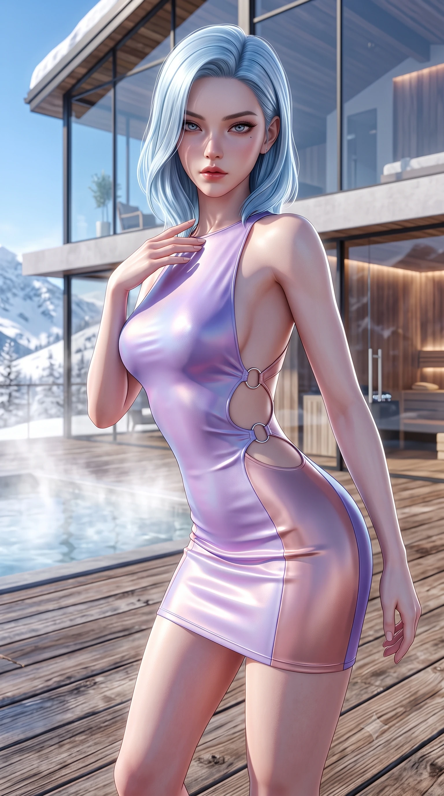 score_9, masterpiece, best quality, ultra-detailed, high-budget anime keyframe, semi-realistic 3D game render, editorial fashion photography, tasteful artistic composition, Korean woman. close-up cowboy shot from the waist and thighs up, the character dominates the composition, filling the frame with her large presence. leaning forward with a dangerous, enticing smolder, resting one hand near her collarbone while casting a fiery, magnetic direct gaze while pivoting dynamically on a heated cedar wood deck outside a modern glass chalet under brilliant winter sun. The surrounding environment is rendered in vivid detail and crisp panoramic clarity. high-contrast winter daylight and luxury alpine wellness architecture rendered with environmental sharpness. She has an exceptionally elegant, slender, and willowy female figure with an ultra-slim waist, a gracefully sculpted slender torso, toned flat midriff, and a refined slim silhouette. sharp v-shaped jawline, high-bridge nose, intricate jewel-like eyes with depth, thick eyelashes, glossy lips with a natural sheen, flawlessly proportioned anatomical accuracy, strict slender model proportions, natural body alignment, perfectly sculpted long slender limbs, ultra-slim waistline, clean dynamic posture without body distortion. wearing a second-skin fashion-latex mini dress with a clean architectural front, featuring an open-back design that wraps around the sides of her waist, showcasing her slender silhouette in luminous lavender violet and rose gold, made of smooth iridescent silk chiffon that shifts colors with movement, detailed with polished silver rings connecting the daring side-waist cutouts, the sleek second-skin cut tightly hugging her graceful clavicle, narrow waist, and feminine curves with athletic precision. illuminated by glowing steam refractions and crisp white specular rim lights defining her silhouette. highly saturated vibrant anime colors, detailed shading with soft gradients, rich glossy textures, high-contrast stereoscopic depth, volumetric dynamic lighting, master piece, 9:16 ratio