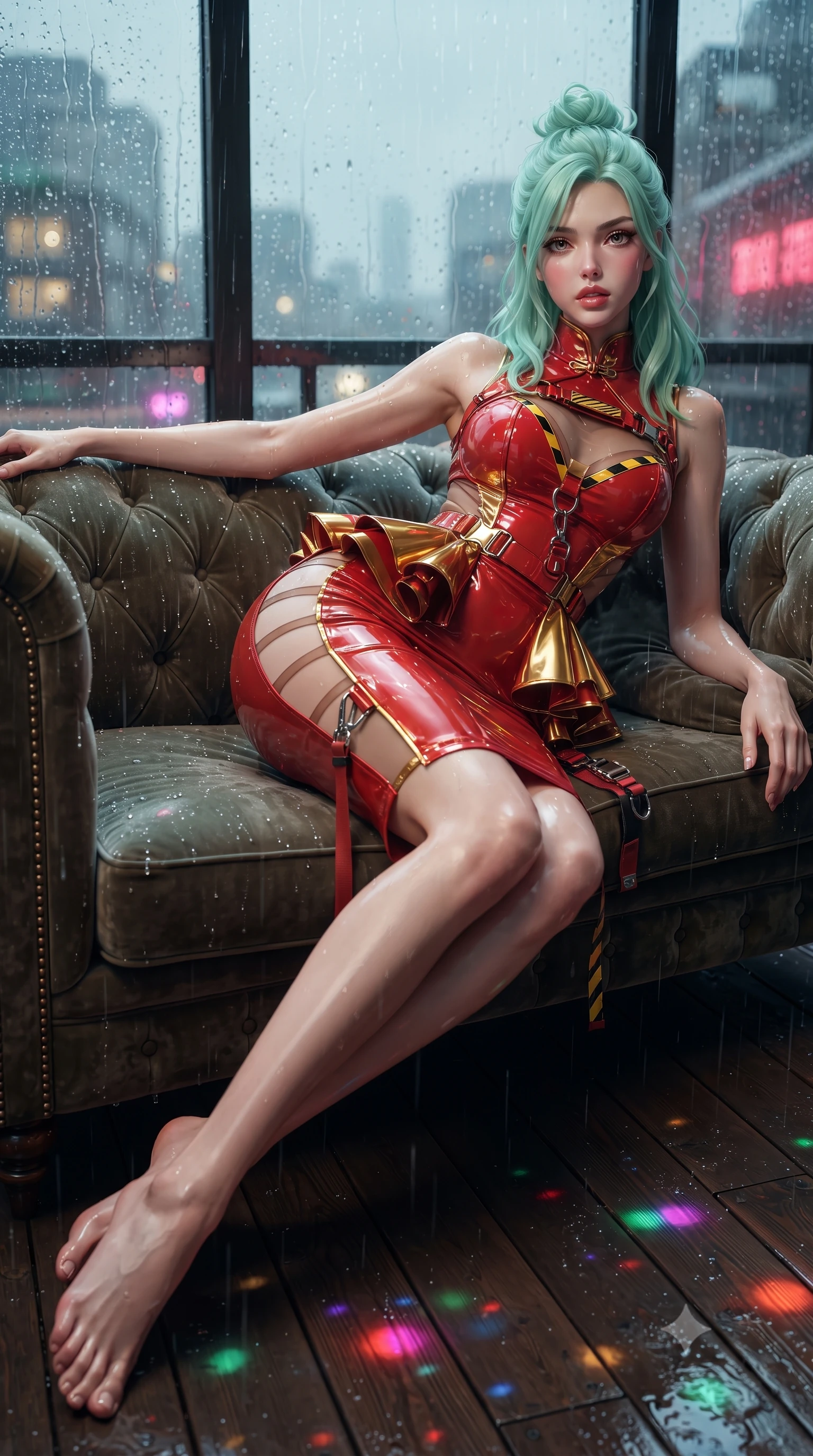 score_9, masterpiece, best quality, ultra-detailed, high-budget anime keyframe, editorial fashion photography, tasteful artistic composition, Japanese woman. low angle full-body shot from head to toe showing her feet, filling the entire 9:16 vertical frame with her statuesque presence, stretching her vertical silhouette. reclining on her side in an elegant Cleopatra pose with one knee drawn up, the dramatic contour of her rounded hips and long slender legs commanding the 9:16 vertical frame while reclining on a vintage velvet Chesterfield sofa inside a rain-streaked rooftop teahouse, one knee drawn up in a seductive Cleopatra pose. The composition keeps background elements in soft focus with creamy bokeh. falling raindrops and neon puddle reflections scattering vivid chromatic light motes across the deck. She has an absolutely perfect, statuesque 8.5-heads proportion, an exceptionally tall and slender model-like female figure with impossibly long slender legs, a toned flat midriff, an ultra-slim waist, and beautifully sculpted feminine hips. sharp v-shaped jawline, high-bridge nose, intricate jewel-like eyes with depth, thick eyelashes, glossy parted lips with a natural sheen, intensely captivating and seductive bedroom-eyes expression, flawlessly proportioned anatomical accuracy, strict slender model proportions, natural body alignment, perfectly sculpted long slender limbs, ultra-slim waistline, clean dynamic posture without body distortion. wearing a structural geometric peplum cheongsam with sheer side-ribbon cutouts and form-fitting skirt in imperial vermilion red and liquid gold, formed from high-gloss patent leather with sharp specular chiaroscuro, finished with high-visibility hazard warning tape details and carabiner clips, the liquid-tight tailored fabric clinging flawlessly to her narrow waist and rounded feminine hips, emphasizing every millimeter of her sculpted hourglass curves during movement. illuminated by wet specular asphalt bounce lights sharply sculpting her narrow waist and rounded hips. ultra-reflective glossy finish, specular highlights, rich textural contrasts, high-contrast stereoscopic depth, volumetric dynamic lighting, 2k, ultra detail, master piece, 9:16 ratio