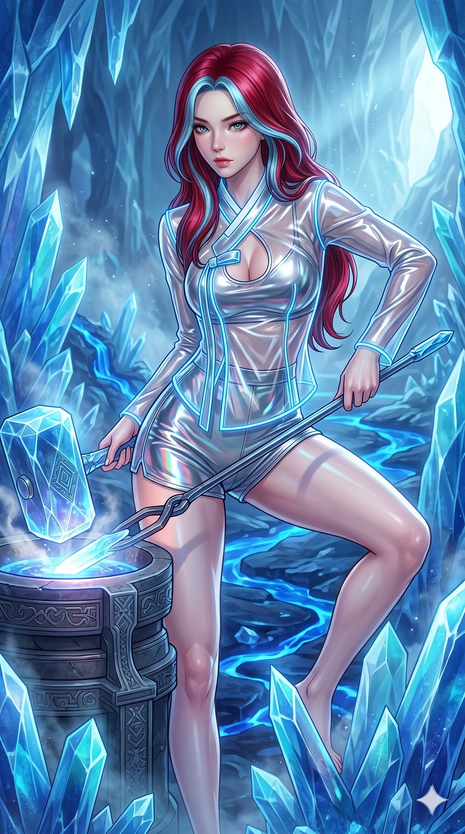 score_9, masterpiece, best quality, ultra-detailed, high-budget anime keyframe, Korean woman. upper body close-up from the thighs up, character filling the screen for maximum presence. forging in a prismatic ice-volcano temple where glowing cobalt-blue liquid magma flows between frozen blue ash crystals. She has an absolutely perfect 8-heads proportion, an exceptionally tall and slender female figure with impossibly long slender legs and an ultra-slim waist. V-shaped jawline, high-bridge nose, intricate jewel-like eyes with depth, thick eyelashes, glossy lips with a natural sheen.. wearing a vinyl liquid mercury fusion hanbok, featuring a translucent chrome-silver vinyl jeogori and high-waist micro-shorts, detailed with glowing neon wire trims and a tasteful chest slit. lit by a soft glowing ambient light and a sharp side key light that traces the sleek contours of her athletic build. 2k, ultra detail, master piece, 9:16 ratio