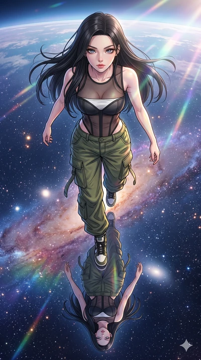 score_9, masterpiece, best quality, ultra-detailed, high-budget anime movie keyframe, cinematic anime lighting, intricate line art, Japanese woman. Extreme high angle shot as she leaps towards the camera, filling the frame. standing on a salt flat th
