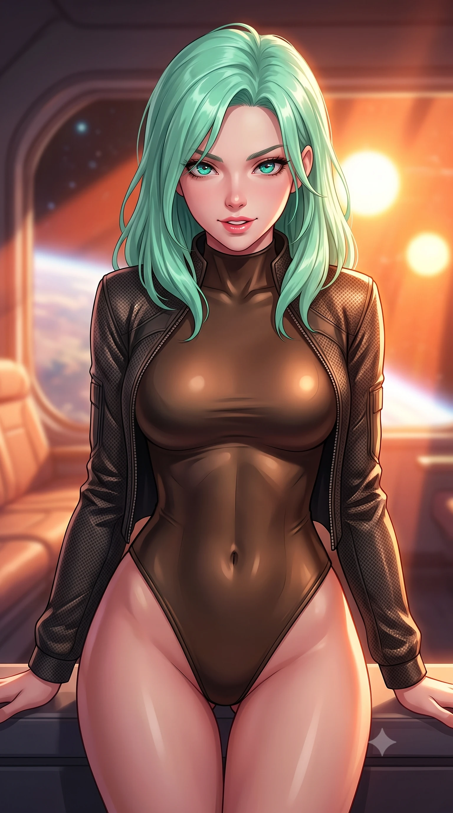 score_9, masterpiece, best quality, ultra-detailed, high-budget anime keyframe, editorial fashion photography, tasteful artistic composition, Japanese woman. close-up cowboy shot from the waist and thighs up, the character dominates the composition, filling the frame with her large presence, background elements kept in soft focus. leaning slightly forward with a playful, teasing smile, her gaze locked onto the viewer with lips parted in a composed pose, the background shows a soft-focus a planetary window seat in a cathedral lounge overlooking a binary sun. She has an exceptionally elegant, slender, and willowy female figure with an ultra-slim waist, a gracefully sculpted slender torso, and a refined silhouette. sharp v-shaped jawline, high-bridge nose, intricate jewel-like eyes with depth, thick eyelashes, glossy lips with a natural sheen. wearing a body-hugging form-fitting high-neck bodysuit in dark bronze, worn under a tailored open carbon-mesh tactical jacket. dramatic orange sunbeams painting the cabin in a warm wash. highly saturated vibrant anime colors, detailed shading with soft gradients, rich glossy textures, high-contrast stereoscopic depth, volumetric dynamic lighting, master piece, 9:16 ratio