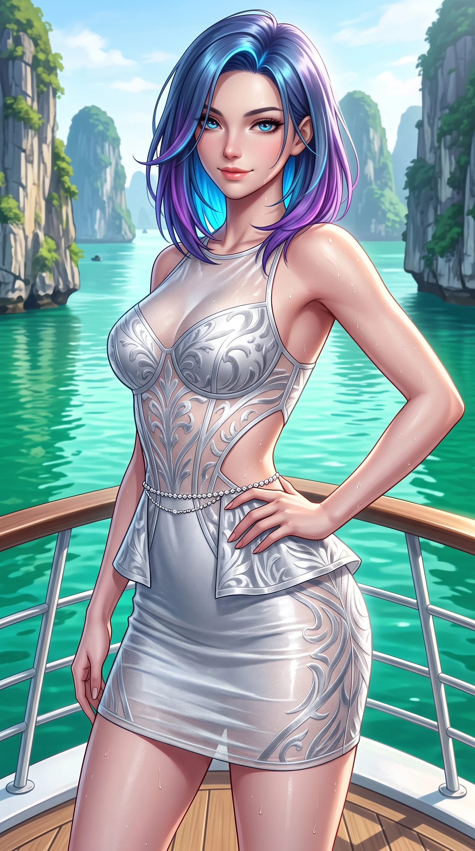 score_9, masterpiece, best quality, ultra-detailed, high-budget anime keyframe, semi-realistic 3D game render, editorial fashion photography, tasteful artistic composition, Caucasian woman. close-up cowboy shot from the waist and thighs up, the character dominates the composition, filling the frame with her large presence. turning over a bare shoulder with an intoxicating, teasing smile, her soft hair framing her sharp jawline as her hips angle gracefully while standing poised on the forward observation deck with one hand on her hip, her silk dress fluttering in the morning sea breeze as towering limestone pillars surround her. The surrounding environment is rendered in vivid detail and crisp panoramic clarity. detailed linen resort wear weave, sea mist beads on skin, and Halong Bay landscape clarity in high resolution. She has an exceptionally elegant, slender, and willowy female figure with an ultra-slim waist, flat toned midriff, narrow ribcage, and sculpted feminine hips creating an alluring, slim hourglass silhouette without bulk. sharp v-shaped jawline, high-bridge nose, intricate jewel-like eyes with depth, thick eyelashes, glossy parted lips with a natural sheen, intensely captivating and seductive bedroom-eyes expression, flawlessly proportioned anatomical accuracy, strict slender model proportions, natural body alignment, perfectly sculpted long slender limbs, ultra-slim waistline, clean dynamic posture without body distortion. wearing a modern peplum corset dress with side-waist diamond cutouts and an ultra-tight silhouette in shimmering silver mercury and pearl white, made of sheer contouring power-mesh with velvet flocking patterns, accented with a dainty diamond waist chain catching the ambient light reflections, the liquid-tight tailored fabric clinging flawlessly to her narrow waist and rounded feminine hips, emphasizing every millimeter of her sculpted slim hourglass curves without any bulky heaviness. illuminated by radiant jade water reflections accentuating her sculpted midriff, narrow waist, and curvy hips. highly saturated vibrant anime colors, detailed shading with soft gradients, rich glossy textures, high-contrast stereoscopic depth, volumetric dynamic lighting, master piece, 9:16 ratio