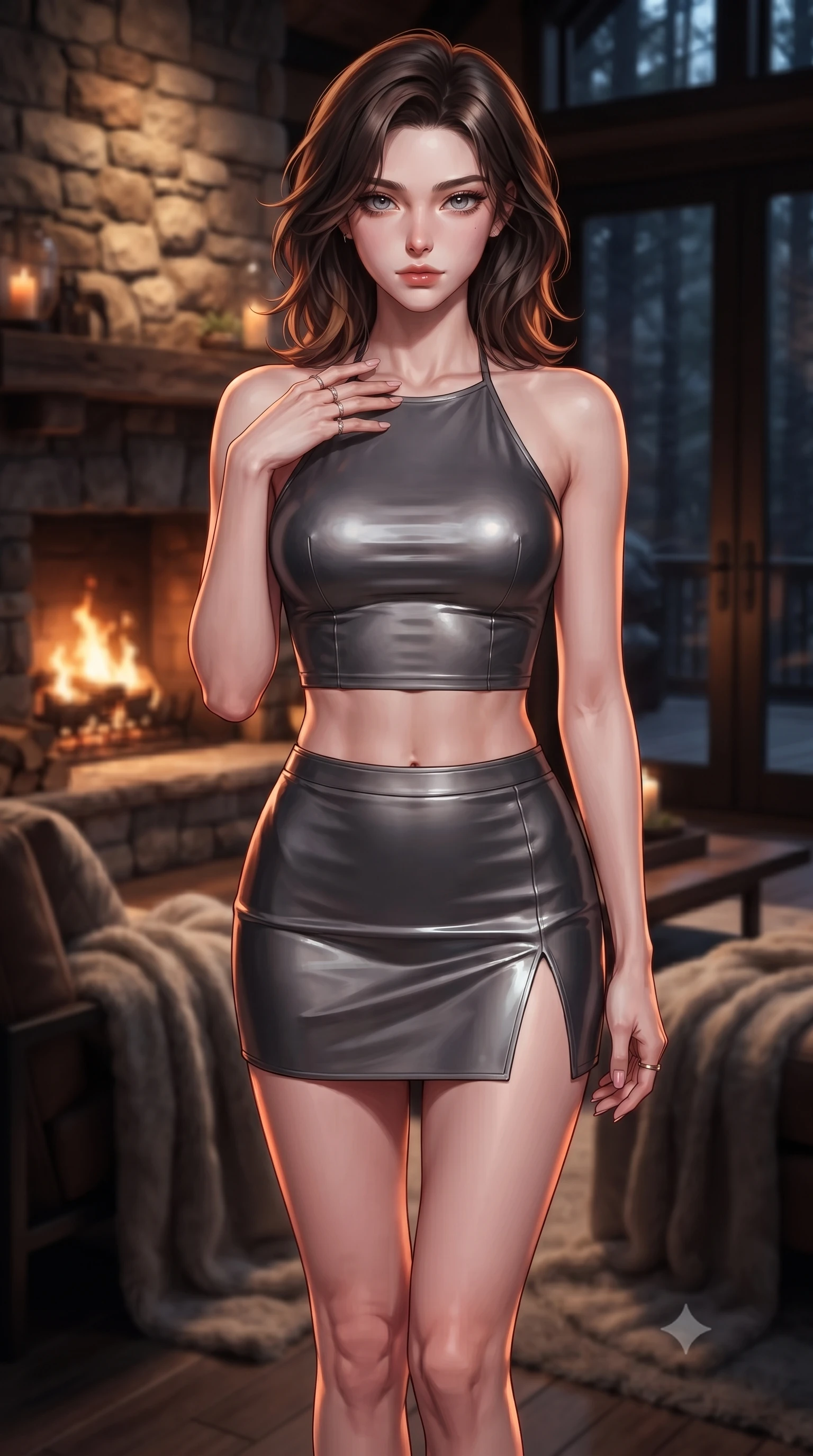 score_9, masterpiece, best quality, ultra-detailed, high-budget anime keyframe, editorial fashion photography, tasteful artistic composition, Korean woman woman. close-up cowboy shot from the waist and thighs up, the character dominates the composition, filling the frame with her large presence, background elements kept in soft focus. standing with one hand resting on her collarbone, looking at the viewer with bedroom-eyes the background shows a soft-focus a cozy lounge with a rustic fireplace, soft blankets, and large glass doors facing a forest. She has an exceptionally elegant, slender, and willowy female figure with an ultra-slim waist, a gracefully sculpted slender torso, and a refined silhouette. sharp v-shaped jawline, high-bridge nose, intricate jewel-like eyes with depth, thick eyelashes, glossy lips with a natural sheen. wearing a slim-fit halter crop top in charcoal gray, paired with a matching side-slit mini skirt. the warm orange flicker of the hearth fire casting cozy shadows. ultra-reflective glossy finish, specular highlights, metallic sheen, high-contrast stereoscopic depth, volumetric dynamic lighting, 2k, ultra detail, master piece, 9:16 ratio