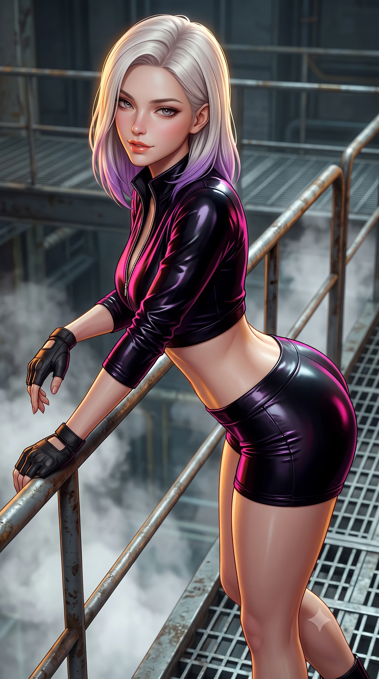 score_9, masterpiece, best quality, ultra-detailed, high-budget anime keyframe, semi-realistic 3D game render, editorial fashion photography, tasteful artistic composition, Caucasian woman. close-up cowboy shot from the waist and thighs up, the character dominates the composition, filling the frame with her large presence. leaning forward while arching her lower back to accentuate her curvy hips, looking into the camera with an intoxicating smoldering gaze and bedroom-eyes while leaning against the steel safety rail with hips cocked back, looking down through billowing steam vents with smoldering bedroom-eyes. The background shows a soft-focus deep silo shaft depths softened in industrial sci-fi shallow focus. She has an exceptionally elegant, slender, and willowy female figure with an ultra-slim waist, flat toned midriff, narrow ribcage, and sculpted feminine hips creating an alluring, slim hourglass silhouette without bulk. sharp v-shaped jawline, high-bridge nose, sparkling eyes with hypnotic seductive depth, thick curled eyelashes, glossy parted lips with a natural dewy peach sheen, alluring bedroom-eyes with an enchanting coquettish smile, exuding magnetic siren charisma and sophisticated glamour, flawlessly proportioned anatomical accuracy, strict slender model proportions, natural body alignment, perfectly sculpted long slender limbs, ultra-slim waistline, clean dynamic posture without body distortion. wearing a modern two-piece tactical siren set featuring a zip-front bolero jacket and curve-hugging compression hot-pants in wet-look onyx black with electric magenta reflections, crafted from second-skin technical compression fabric with moisture-wicking stretch, finished with fingerless matte leather tactical driving gloves with reinforced knuckles, the glove-like clinging cut tightly following the natural contour of her hips and long slender legs with youthful 8.5-heads elegance. illuminated by steel grating reflection fill and sharp amber-gold rim lighting defining her jawline, ultra-slim waist, and curvy hips. highly saturated vibrant anime colors, detailed shading with soft gradients, rich glossy textures, high-contrast stereoscopic depth, volumetric dynamic lighting, master piece, 9:16 ratio