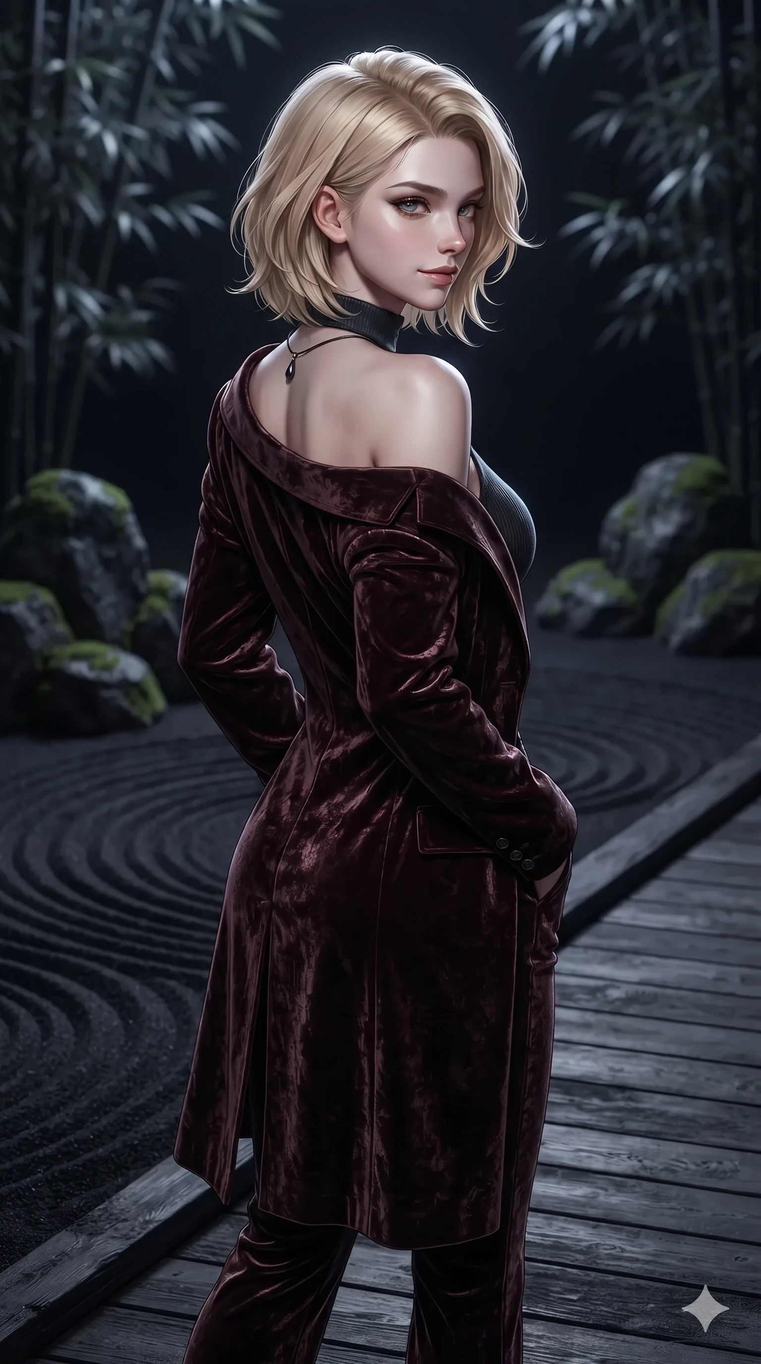 score_9, masterpiece, best quality, ultra-detailed, high-budget anime keyframe, editorial fashion photography, tasteful artistic composition, Caucasian woman. close-up cowboy shot from the waist and thighs up, the character dominates the composition, filling the frame with her large presence. posing in an alluring rear three-quarter angle, turning over a bare shoulder with an intoxicating, smoldering gaze while walking slowly along the raised black timber walkway with hypnotic grace, hips swaying in an alluring sensual rhythm. The background shows a soft-focus concentric raked ripples in black volcanic sand, dark moss-rimmed boulder groupings, and distant bamboo silhouettes blurred into silver, slate, and charcoal bokeh. She has an exceptionally elegant, slender, and willowy female figure with an ultra-slim waist, flat toned midriff, narrow ribcage, and sculpted feminine hips creating an alluring, slim hourglass silhouette without bulk. sharp v-shaped jawline, high-bridge nose, intricate jewel-like dark sparkling eyes with hypnotic seductive depth, thick curled eyelashes, glossy parted lips with a natural wine sheen, alluring bedroom-eyes with an enigmatic smoldering smile, exuding magnetic sovereign charisma and dark avant-garde glamour, flawlessly proportioned anatomical accuracy, strict slender model proportions, natural body alignment, perfectly sculpted long slender limbs, ultra-slim waistline, clean dynamic posture without body distortion. wearing a structured dark leather long coat over a turtleneck and tailored slacks in dark mahogany and brushed gunmetal, tailored from crushed dark velvet with deep light-absorbing plush texture, finished with a minimalist dark choker and a single teardrop pendant, accentuating her gracefully sculpted slender torso and statuesque proportions. illuminated by moonlit sand ripple bounce and sharp silver-topaz rim lights defining her razor-sharp jawline, narrow waist, and curvy hips. ultra-reflective glossy finish, specular highlights, metallic sheen, high-contrast stereoscopic depth, volumetric dynamic lighting, 2k, ultra detail, master piece, 9:16 ratio