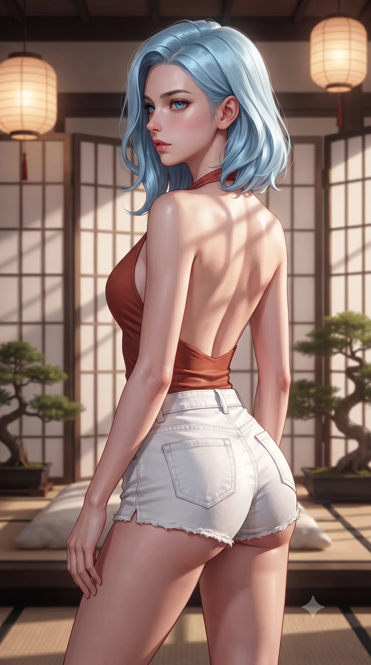 score_9, masterpiece, best quality, ultra-detailed, high-budget anime keyframe, editorial fashion photography, tasteful artistic composition, Korean woman woman. close-up cowboy shot from the waist and thighs up, the character dominates the composition, filling the frame with her large presence, background elements kept in soft focus. turning her face in sharp profile, casting a cold, mysterious, yet intensely alluring side gaze, the background shows a soft-focus a modern bedroom decorated with folding paper screens and bonsai plants. She has an exceptionally elegant, slender, and willowy female figure with an ultra-slim waist, a gracefully sculpted slender torso, and a refined silhouette. sharp v-shaped jawline, high-bridge nose, intricate jewel-like eyes with depth, thick eyelashes, glossy lips with a natural sheen. wearing a form-contouring backless halter top in terracotta red, paired with white denim micro-shorts. warm glowing paper lanterns casting soft, diffused grid-like shadow lines. ultra-reflective glossy finish, specular highlights, metallic sheen, high-contrast stereoscopic depth, volumetric dynamic lighting, 2k, ultra detail, master piece, 9:16 ratio