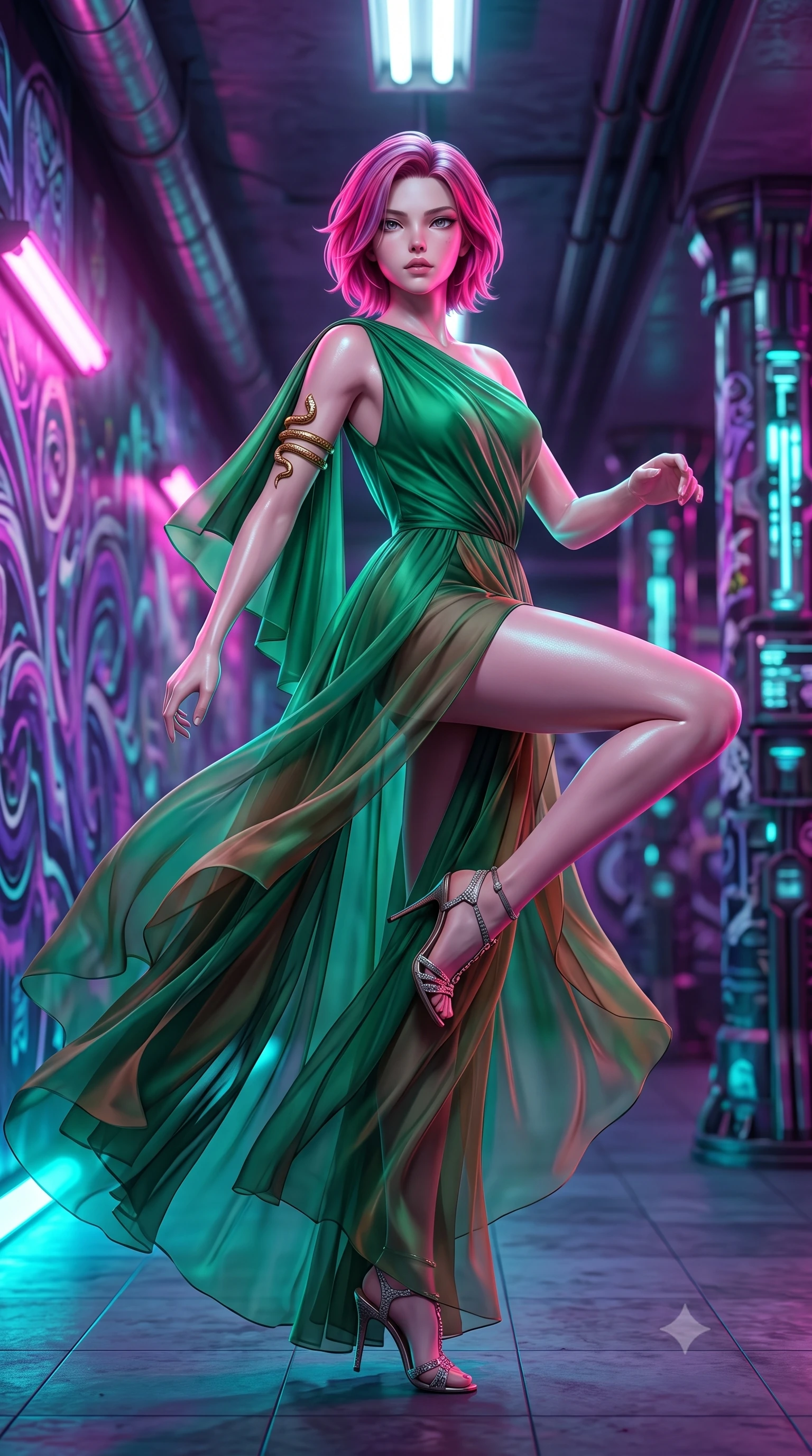 score_9, masterpiece, best quality, ultra-detailed, high-budget anime keyframe, semi-realistic 3D game render, editorial fashion photography, tasteful artistic composition, Caucasian woman. low angle full-body shot from head to toe showing her feet, filling the entire 9:16 vertical frame with her statuesque presence, stretching her vertical silhouette. pivoting dynamically with supreme athletic balance and poise, her impossibly long slender legs creating a breathtaking line while posing dynamically in a futuristic subway station corridor covered in glowing ultraviolet cyber-graffiti murals. The composition keeps background elements in soft focus with creamy bokeh. subway platform columns and flickering fluorescent ceiling fixtures softened in moody shallow focus. She has an absolutely perfect, statuesque 8.5-heads proportion, an exceptionally tall and slender model-like female figure with impossibly long slender legs, a toned flat midriff, and an ultra-slim waist. sharp v-shaped jawline, high-bridge nose, intricate jewel-like eyes with depth, thick eyelashes, glossy lips with a natural sheen, captivating and magnetic expression, flawlessly proportioned anatomical accuracy, strict slender model proportions, natural body alignment, perfectly sculpted long slender limbs, ultra-slim waistline, clean dynamic posture without body distortion. wearing an ethereal emerald-green silk chiffon gown with an asymmetric shoulder drape and sheer layered skirt in deep emerald green and bronze, woven from airy multi-layered silk chiffon with a weightless drape, accented with a sculptured gold serpent armlet and pearl drops edition #32, the breezy yet form-flattering drape swaying gracefully with her steps, accentuating her long willowy limbs and slim waistline. bathed in high-contrast dual lighting of neon pink floodlights and electric cyan underlights. highly saturated vibrant anime colors, detailed shading with soft gradients, rich glossy textures, high-contrast stereoscopic depth, volumetric dynamic lighting, master piece, 9:16 ratio