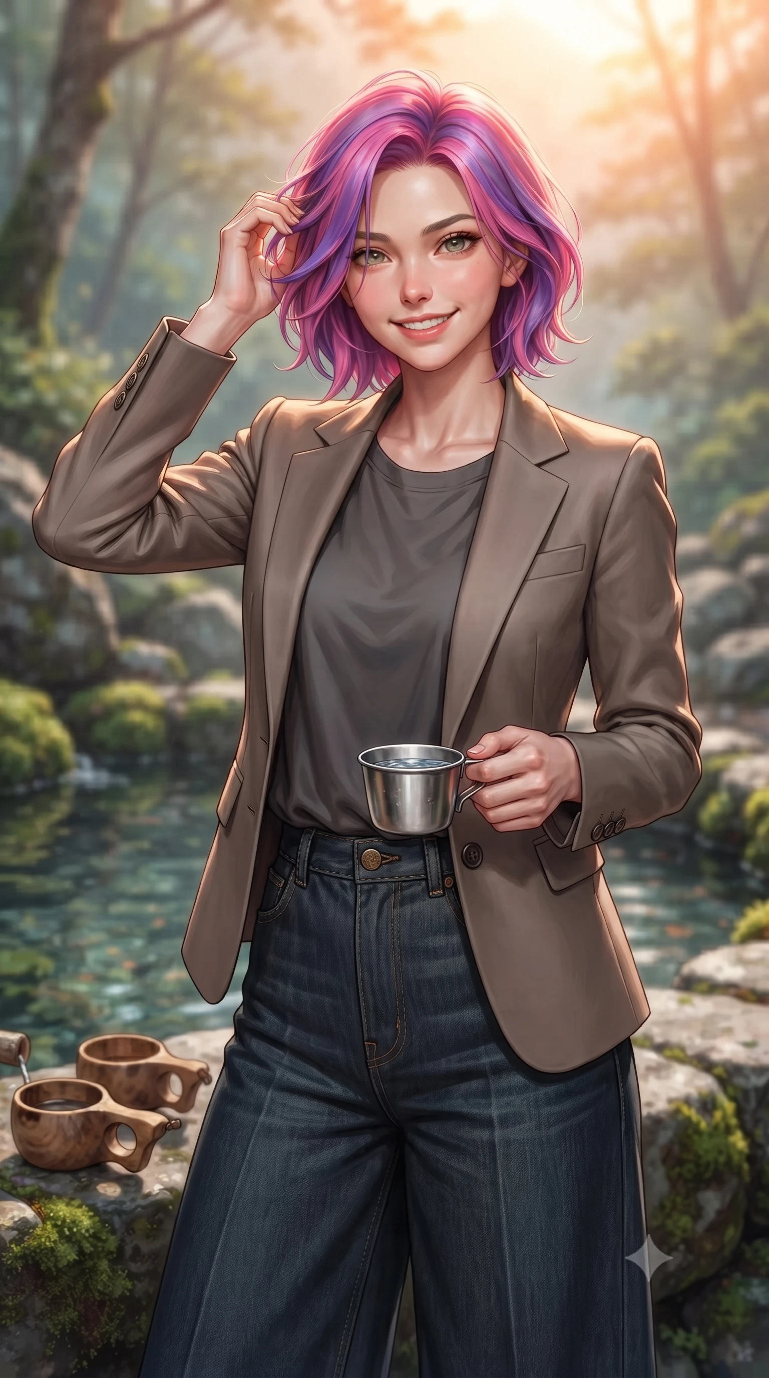 score_9, masterpiece, best quality, ultra-detailed, high-budget anime keyframe, editorial fashion photography, tasteful artistic composition, Caucasian woman. close-up cowboy shot from the waist and thighs up, the character dominates the composition, filling the frame with her large presence, background elements kept in soft focus. flashing an intoxicating, sunny grin while brushing a strand of hair away from her face set against a soft-focus background of next to a mountain spring well with clear water and wooden cups with a small metal cup of fresh spring water held in her hands. She has an exceptionally elegant, slender, and willowy female figure with an ultra-slim waist, a gracefully sculpted slender torso, and a refined silhouette. sharp v-shaped jawline, high-bridge nose, intricate jewel-like eyes with depth, thick eyelashes, glossy lips with a natural sheen. wearing body-hugging tailored casual blazer in taupe, paired with a loose tee and wide-leg trousers. cool morning mountain air diffusing the bright orange sunrise glow. highly saturated vibrant anime colors, detailed shading with soft gradients, rich glossy textures, high-contrast stereoscopic depth, volumetric dynamic lighting, master piece, 9:16 ratio