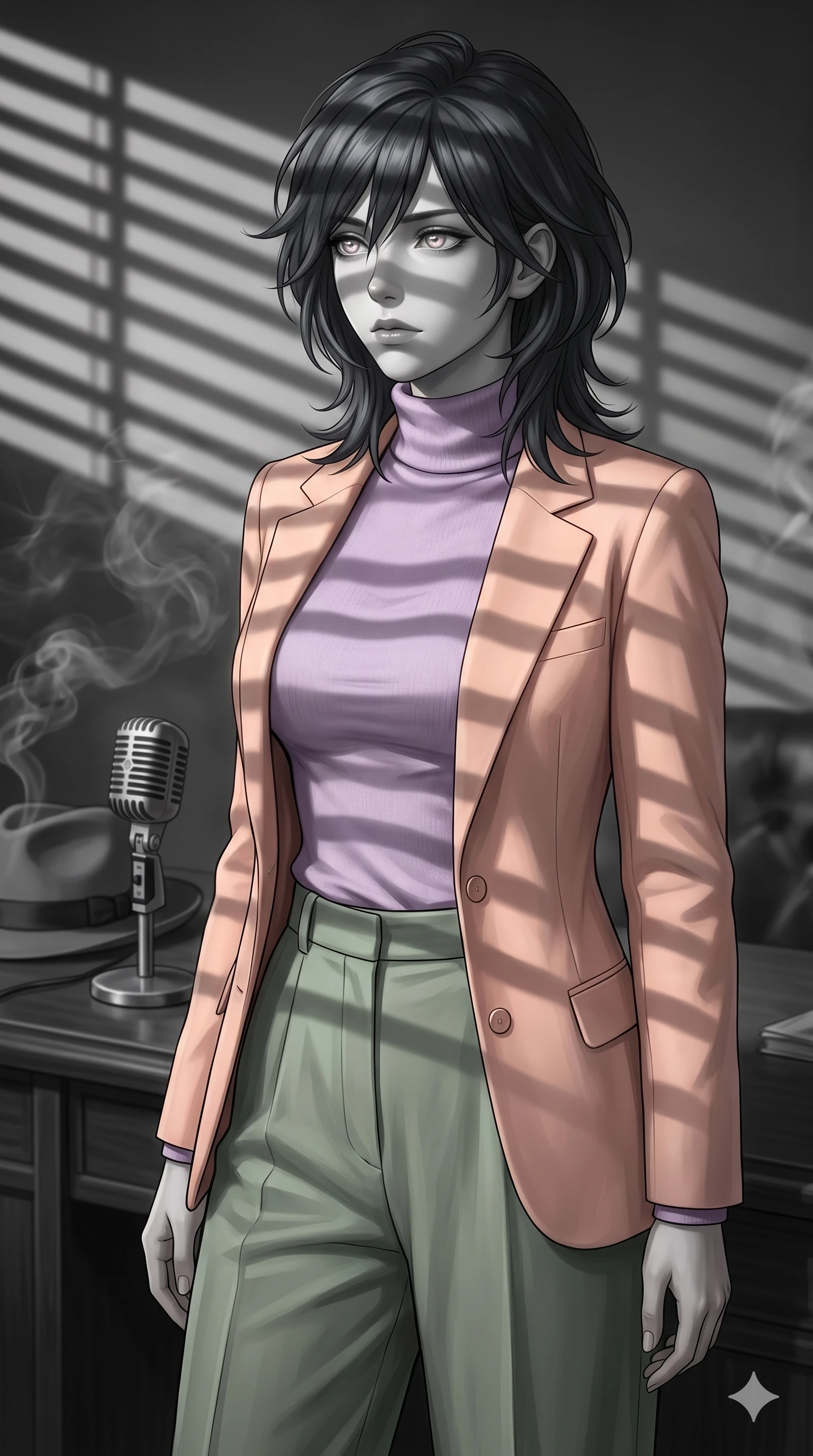 score_9, masterpiece, best quality, ultra-detailed, high-budget anime keyframe, editorial fashion photography, tasteful artistic composition, Caucasian woman, strictly human ears. close-up cowboy shot from the waist and thighs up, the character dominates the composition, filling the frame with her large presence, background elements kept in soft focus. Gazing into the distance with a wistful melancholic expression and softly glowing eyes. set against a soft-focus background of a classic monochrome film noir movie set with venetian blind shadows cutting across the space smoky tendrils drifting past a vintage microphone and a fedora resting on a mahogany desk. She has an exceptionally elegant and slender, willowy female figure with an ultra-slim waist, a gracefully sculpted slender torso, and a refined slim physique. sharp v-shaped jawline, high-bridge nose, intricate jewel-like eyes with depth, thick eyelashes, glossy lips with a natural sheen. wearing a soft lilac purple cashmere turtleneck layered under a pastel peach tailored blazer, paired with sage green wide-leg trousers. high-contrast chiaroscuro lighting with a single harsh tungsten key light slicing through venetian blinds creating dramatic parallel shadow bars across everything. 2k, ultra detail, master piece, 9:16 ratio