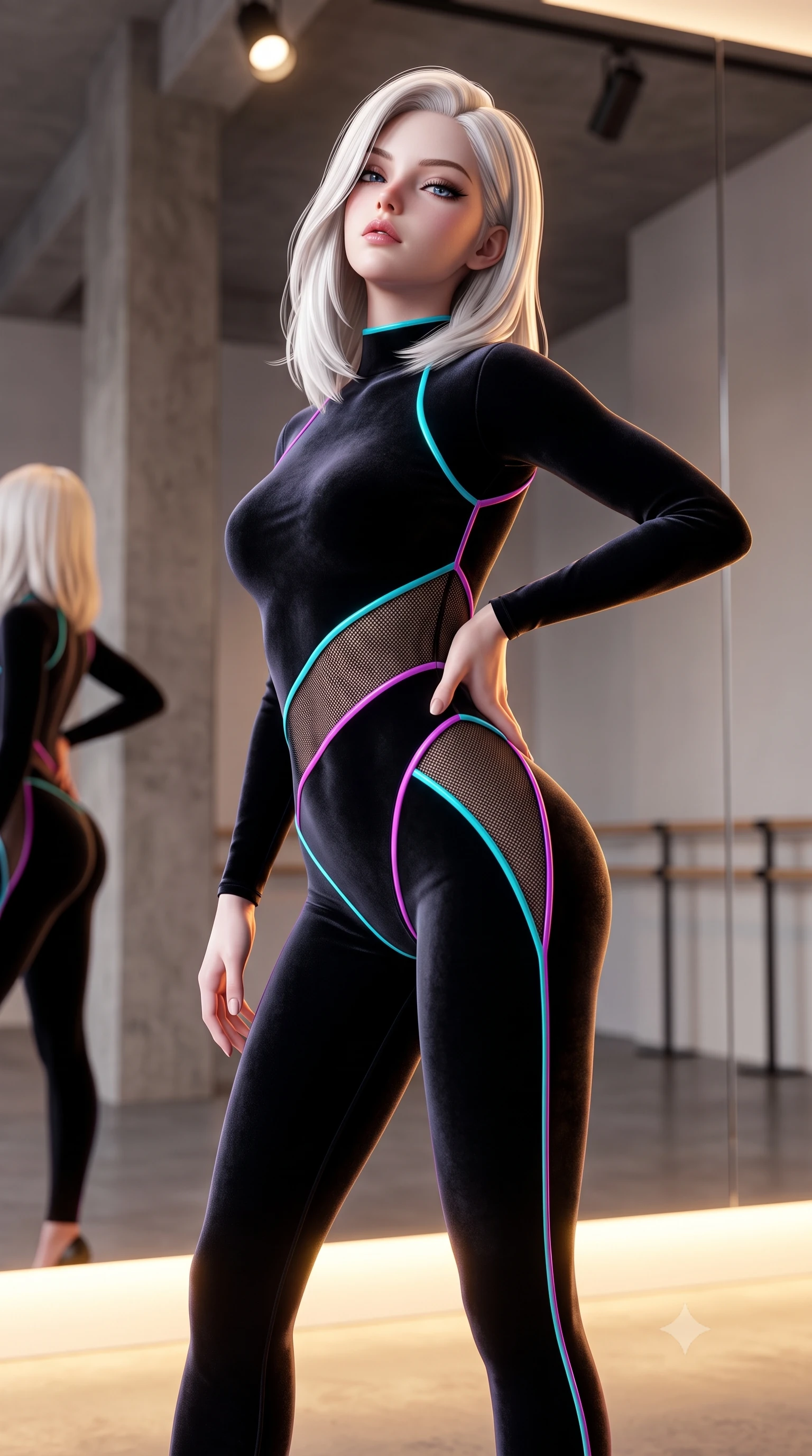 score_9, masterpiece, best quality, ultra-detailed, high-budget anime keyframe, semi-realistic 3D game render, editorial fashion photography, tasteful artistic composition, Caucasian woman. close-up cowboy shot from the waist and thighs up, the character dominates the composition, filling the frame with her large presence. tilting her chin up with proud, sovereign allure while gazing through thick eyelashes, one hand resting on her waist in pure supermodel charisma while standing with her back to the floor-to-ceiling mirror, looking over her bare shoulder with hips cocked dramatically in an alluring high-fashion stance. The composition keeps background elements in soft focus with creamy bokeh. minimalist architectural concrete pillars and barre stands softened in clean artistic depth. She has an exceptionally elegant, slender, and willowy female figure with an ultra-slim waist, a gracefully sculpted slender torso, toned flat midriff, and rounded feminine hips creating an alluring hourglass silhouette. sharp v-shaped jawline, high-bridge nose, intricate jewel-like eyes with depth, thick eyelashes, glossy parted lips with a natural sheen, intensely captivating and seductive bedroom-eyes expression, flawlessly proportioned anatomical accuracy, strict slender model proportions, natural body alignment, perfectly sculpted long slender limbs, ultra-slim waistline, clean dynamic posture without body distortion. wearing a sculptured velvet dance unitard with diagonal mesh cutouts tracing her midriff and hip in pitch black with gloss neon piping, made of seamless compression knit with anatomical body-contouring support, accented with anatomical contrast piping outlining her sculpted glutes and waist, the second-skin form-contouring cut accentuating her sculpted flat midriff, narrow waistline, and dramatically curvy hips without adding bulk. bathed in warm floor-level uplighting and dramatic overhead theatrical spotlights. highly saturated vibrant anime colors, detailed shading with soft gradients, rich glossy textures, high-contrast stereoscopic depth, volumetric dynamic lighting, master piece, 9:16 ratio