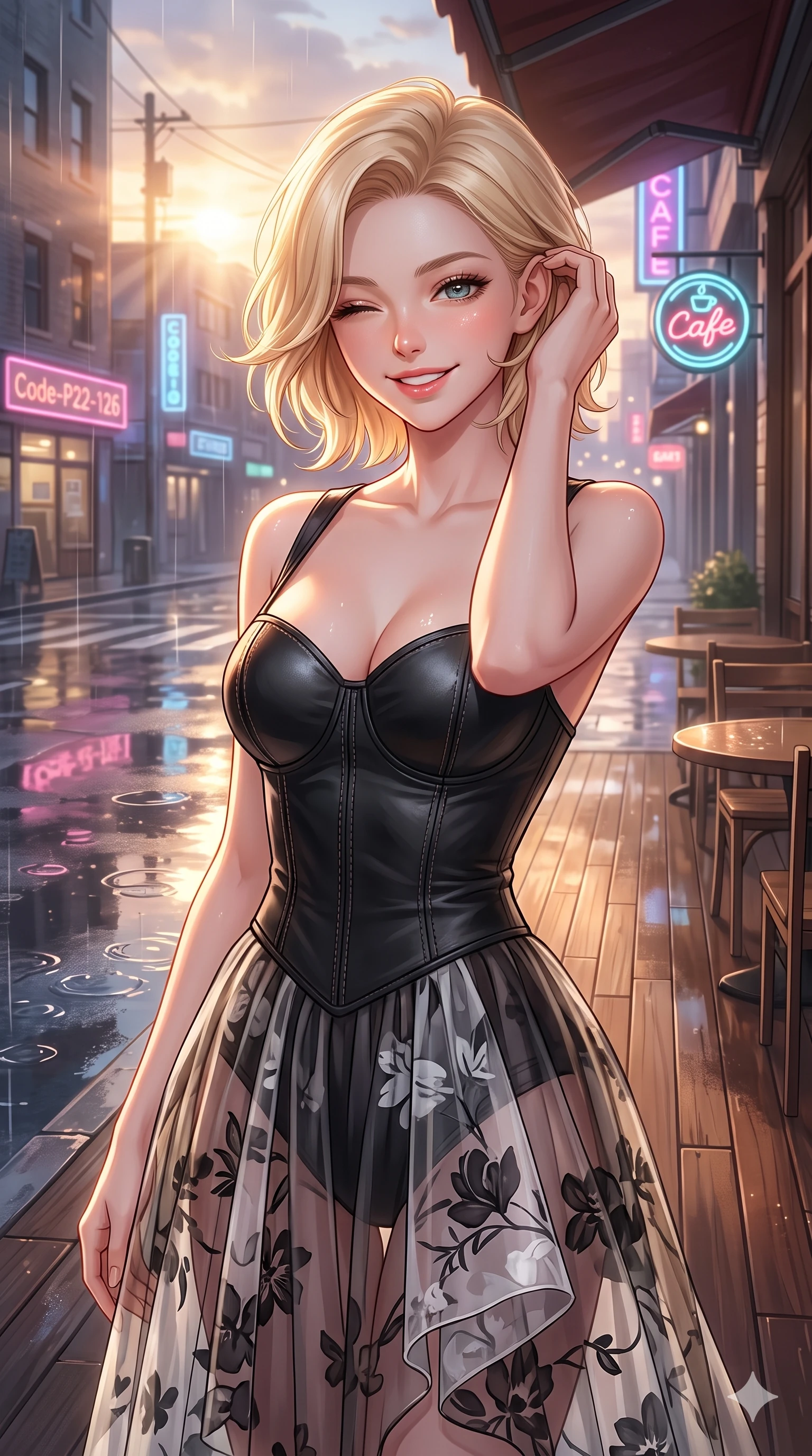 score_9, masterpiece, best quality, ultra-detailed, high-budget anime keyframe, vibrant anime aesthetic, Caucasian woman, strictly human ears. close-up cowboy shot from the waist and thighs up, the character dominates the composition, filling the frame with her large presence, background elements kept in soft focus. She is smiling delightfully while tucking a lock of hair behind her ear, gazing at the camera with sparkling eyes with a relaxed and elegant posture. the background shows a soft-focus glowing neon-lit cafe terrace overlooking a reflective puddle-filled street during a twilight shower (Code-P22-126). She has an absolutely perfect proportion, an exceptionally elegant and slender female figure with an ultra-slim waist. V-shaped jawline, high-bridge nose, intricate jewel-like eyes with depth, thick eyelashes, glossy lips with a natural sheen. wearing a structured leather bodice featuring a sweetheart neckline and a translucent skirt in black and white couture. She is bathed in soft, glowing golden hour sun casting long, elegant shadows, highlighting her winking face and glossy lips on the outdoor wooden terrace. 2k, ultra detail, master piece, 9:16 ratio