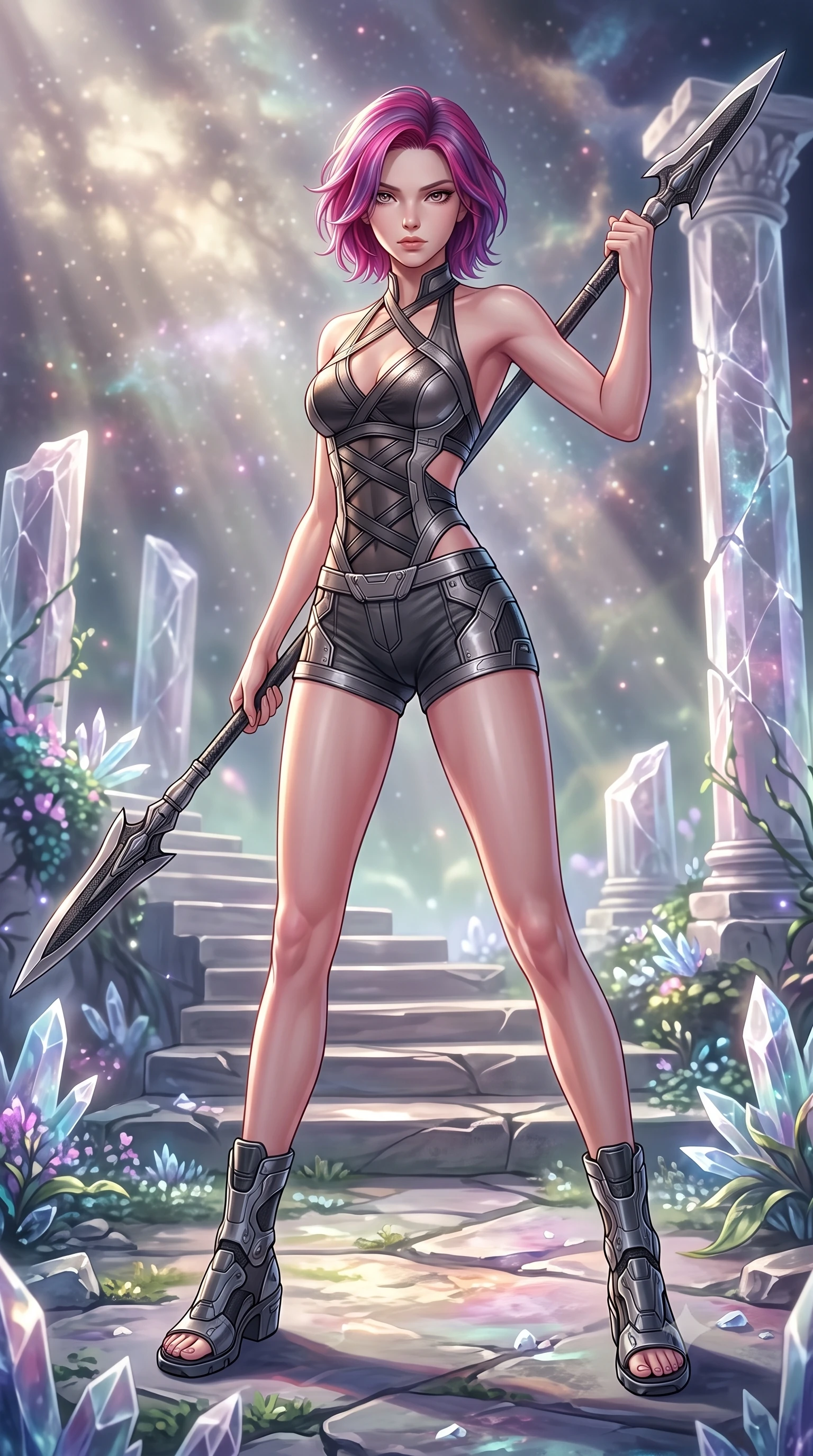 score_9, masterpiece, best quality, ultra-detailed, high-budget anime keyframe, editorial fashion photography, tasteful artistic composition, Caucasian woman. low angle full-body shot from head to toe showing her feet, filling the entire 9:16 vertical frame with her statuesque presence, stretching her vertical silhouette. standing in a dynamic combat stance with a carbon-fiber spear held diagonally, stretching her statuesque body, the background shows a soft-focus a crystal ruins courtyard with levitating stone steps and shattered columns. She has an absolutely perfect, statuesque 8.5-heads proportion, an exceptionally tall and slender model-like female figure with impossibly long slender legs and an ultra-slim waist. sharp v-shaped jawline, high-bridge nose, intricate jewel-like eyes with depth, thick eyelashes, glossy lips with a natural sheen. wearing a tailored backless halter-neck combat top with criss-cross strapping, paired with carbon-alloy micro-shorts. dappled sunlight filtering through cosmic dust clouds, creating volumetric light rays. highly saturated vibrant anime colors, detailed shading with soft gradients, rich glossy textures, high-contrast stereoscopic depth, volumetric dynamic lighting, master piece, 9:16 ratio