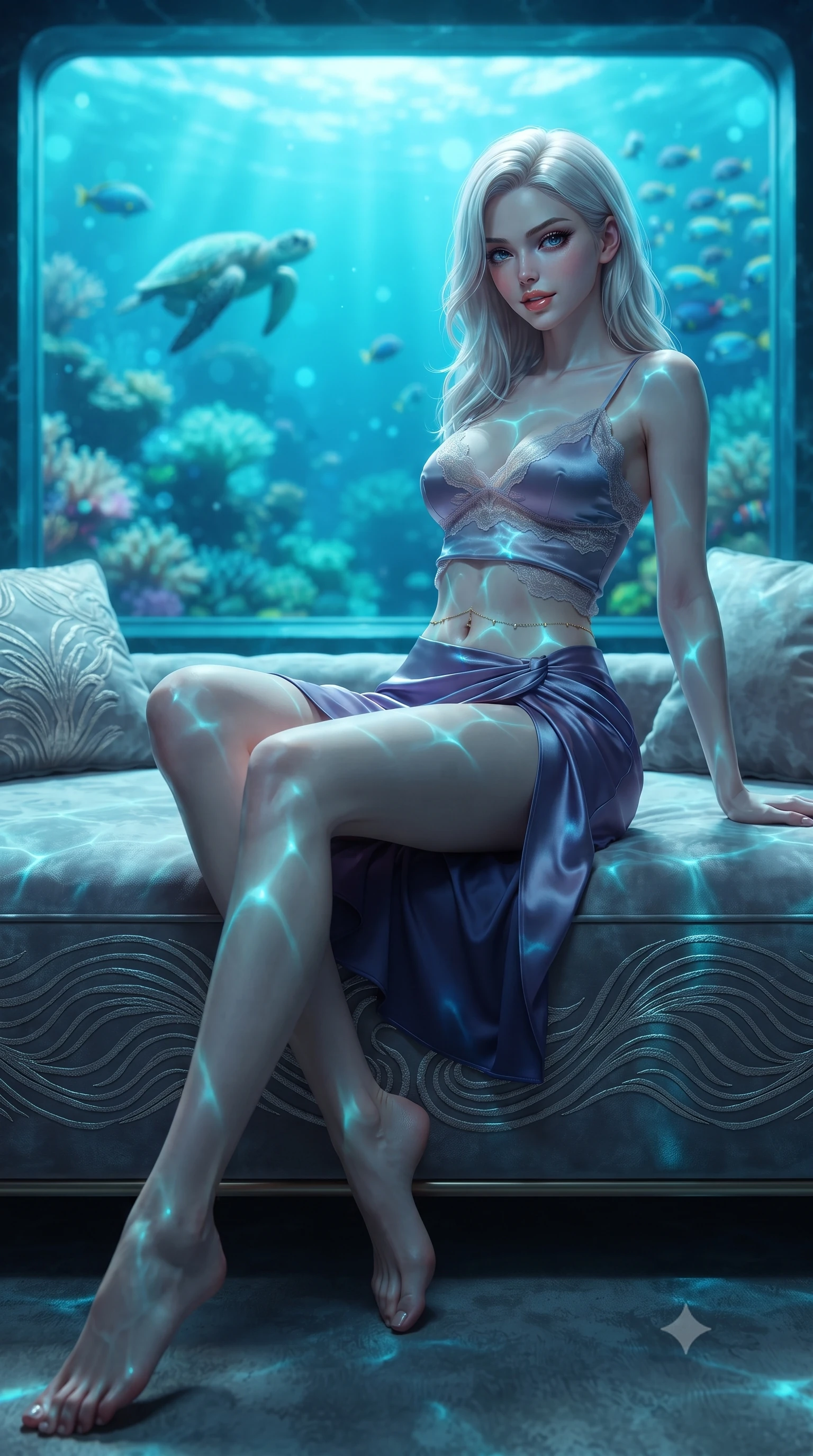 score_9, masterpiece, best quality, ultra-detailed, high-budget anime keyframe, editorial fashion photography, tasteful artistic composition, Caucasian woman. low angle full-body shot from head to toe showing her feet, filling the entire 9:16 vertical frame with her statuesque presence, stretching her vertical silhouette. lounging on the lavish daybed with legs crossed and hips angled toward the camera, displaying her toned midriff and long slender limbs with effortless siren poise while twisting her slender torso in an alluring contrapposto stance, undulating underwater LED caustics painting glowing cyan ribbons across her curves. The background shows a soft-focus glowing turquoise underwater ocean water, swaying coral reefs, and passing marine life outside thick glass blurred into cyan, sapphire, and emerald bokeh. She has an absolutely perfect, statuesque 8.5-heads proportion, an exceptionally tall and slender model-like female figure with impossibly long slender legs, an ultra-slim waist, a flat toned midriff, narrow delicate ribcage, and beautifully sculpted feminine hips creating a graceful, slim hourglass silhouette without any bulky heaviness. sharp v-shaped jawline, high-bridge nose, sparkling eyes with hypnotic seductive depth, thick curled eyelashes, glossy parted lips with a natural dewy peach sheen, alluring bedroom-eyes with an enchanting coquettish smile, exuding magnetic siren charisma and sophisticated glamour, flawlessly proportioned anatomical accuracy, strict slender model proportions, natural body alignment, perfectly sculpted long slender limbs, ultra-slim waistline, clean dynamic posture without body distortion. wearing a delicate lace-trimmed silk camisole paired with a draped satin wrap sarong mini skirt with high side slit in twilight lavender and midnight indigo, made of semi-opaque stretch illusion mesh with soft shadowy contours, accented with a dainty gold belly chain resting across her flat midriff and curving hips, the form-contouring silhouette accentuating her sculpted flat midriff, narrow delicate ribcage, and gracefully curvy hips with intoxicating allure. illuminated by aquatic caustic reflections and sharp electric-cyan rim lights sculpting her razor-sharp jawline, narrow waist, and curvy hips. ultra-reflective glossy finish, specular highlights, rich textural contrasts, high-contrast stereoscopic depth, volumetric dynamic lighting, 2k, ultra detail, master piece, 9:16 ratio