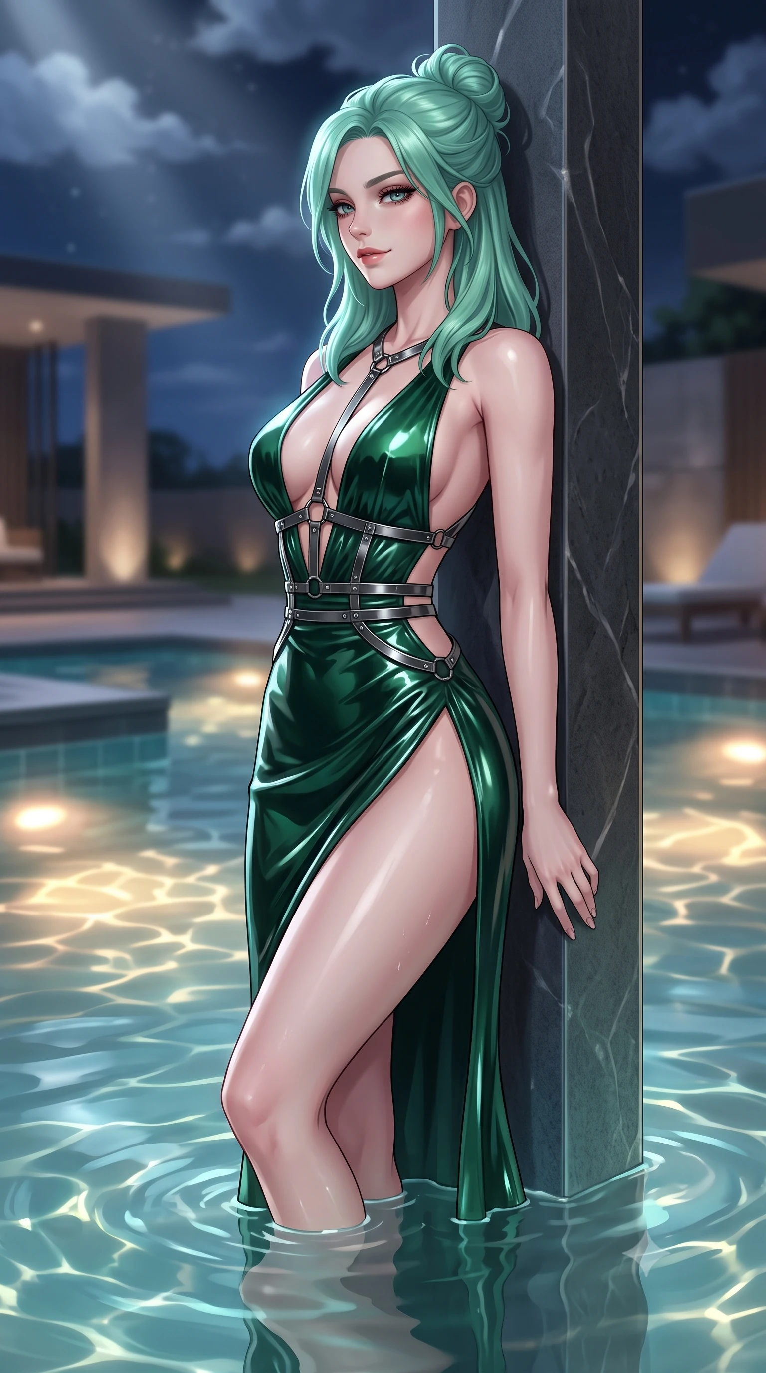 score_9, masterpiece, best quality, ultra-detailed, high-budget anime keyframe, editorial fashion photography, tasteful artistic composition, Japanese woman. close-up cowboy shot from the waist and thighs up, the character dominates the composition, filling the frame with her large presence, background elements kept in soft focus. Glancing sidelong over her shoulder with a smoldering, enigmatic half-smile, leaning against a polished basalt pool pillar as warm underwater lights glow, translucent water ripples mirroring her tall statuesque 8.5-heads proportion. She has an exceptionally elegant, slender, and willowy female figure with an ultra-slim waist, a gracefully sculpted slender torso, and a refined silhouette. sharp v-shaped jawline, high-bridge nose, intricate jewel-like eyes with depth, thick eyelashes, glossy lips with a natural sheen. wearing deep plunging V-neckline midnight gown with daring high thigh slit in deep emerald green, made of high-gloss liquid vinyl, highlighted by a gunmetal metallic harness structure, the fitted fabric emphasizing her ultra-slim waist. lit by a single piercing key ray filtering through soft night clouds. highly saturated vibrant anime colors, detailed shading with soft gradients, rich glossy textures, high-contrast stereoscopic depth, volumetric dynamic lighting, master piece, 9:16 ratio