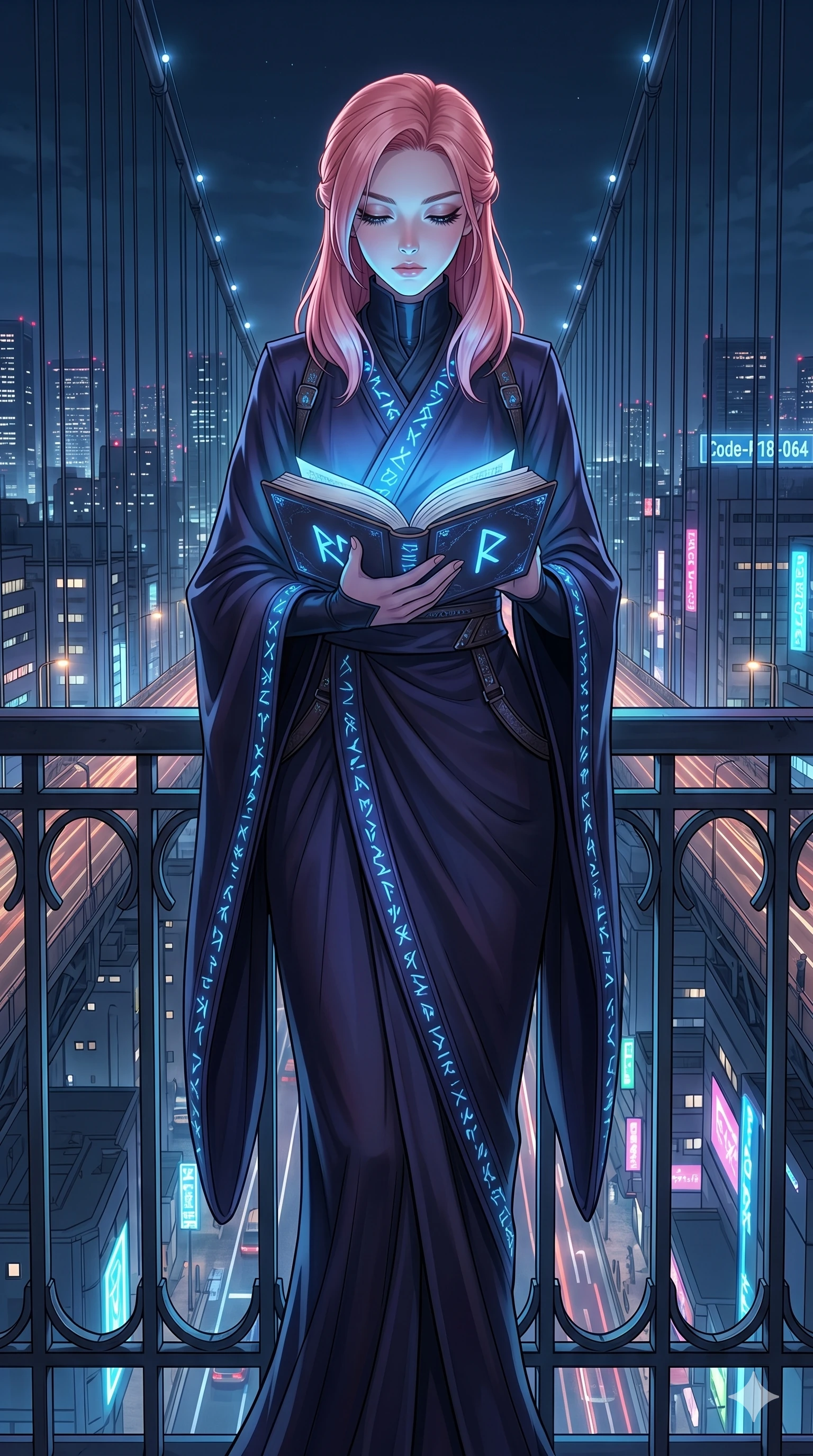 score_9, masterpiece, best quality, ultra-detailed, high-budget anime keyframe, editorial fashion photography, tasteful artistic composition, Japanese woman. cowboy shot from the thighs up, character and outfit filling the frame for maximum editorial presence. holding an open book, looking down with lowered lashes on a steel suspension bridge overlooking a sprawling neon city at night (Code-P18-064). She has an absolutely perfect 8-heads proportion, an exceptionally tall and slender female figure with impossibly long slender legs and an ultra-slim waist. V-shaped jawline, high-bridge nose, intricate jewel-like eyes with depth, thick eyelashes, glossy lips with a natural sheen. wearing a modern high-neck fusion kimono with long sleeves. mystical blue light from the runes, casting a cool glowing highlight on her face. 2k, ultra detail, master piece, 9:16 ratio