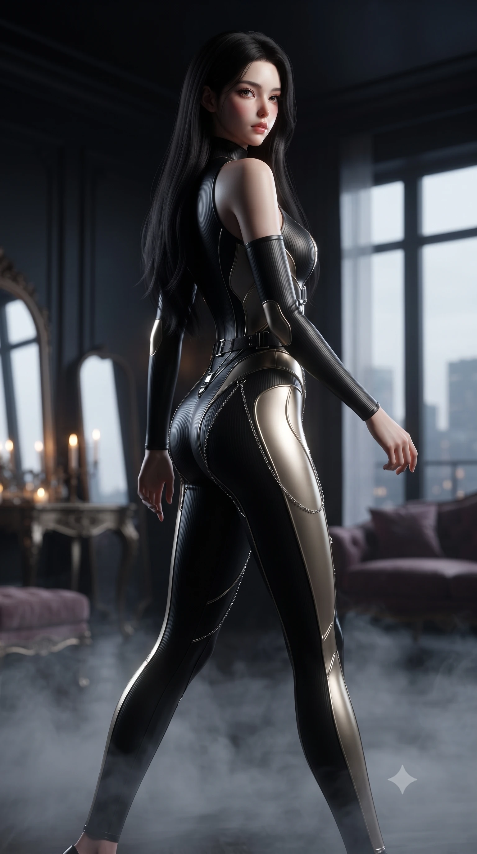 score_9, masterpiece, best quality, ultra-detailed, high-budget anime keyframe, editorial fashion photography, tasteful artistic composition, Korean woman. low angle full-body shot from head to toe showing her feet, filling the entire 9:16 vertical frame with her statuesque presence, stretching her vertical silhouette. forging confidently through the floating mist, holding a poised statuesque stance, looking back over her bare shoulder in a dimly lit private penthouse boudoir, subtle golden candlelight flickering against her smooth skin and glossy lips. She has an absolutely perfect, statuesque 8.5-heads proportion, an exceptionally tall and slender model-like female figure with impossibly long slender legs and an ultra-slim waist. sharp v-shaped jawline, high-bridge nose, intricate jewel-like eyes with depth, thick eyelashes, glossy lips with a natural sheen. wearing sleek high-neck ribbed activewear bodysuit in matte black in champagne gold, made of sculpted obsidian metallic chrome, framed by dark titanium buckles and silver chain details, contouring every curve with an exceptionally elegant silhouette. bathed in dramatic chiaroscuro with a sharp key light tracing her side profile. ultra-reflective glossy finish, specular highlights, metallic sheen, high-contrast stereoscopic depth, volumetric dynamic lighting, 2k, ultra detail, master piece, 9:16 ratio