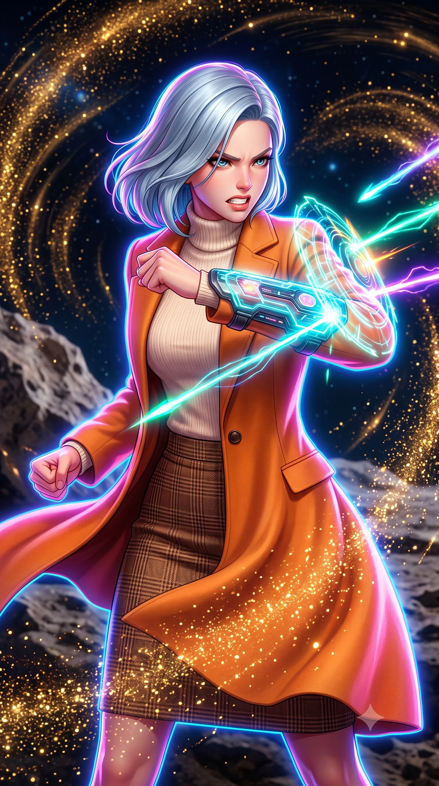 score_9, masterpiece, best quality, ultra-detailed, high-budget anime keyframe, editorial fashion photography, tasteful artistic composition, Korean woman. close-up cowboy shot from the waist and thighs up, the character dominates the composition, filling the frame with her large presence, background elements kept in soft focus. Deflecting incoming plasma bolts with a glowing energy shield attached to her forearm, teeth grit in determination. set against a soft-focus background of caught in a space storm of glittering gold cosmic dust particles, swirling in magnetic currents around a rocky asteroid. She has an exceptionally elegant and slender, willowy female figure with an ultra-slim waist, a gracefully sculpted slender torso, and a refined slim physique. sharp v-shaped jawline, high-bridge nose, intricate jewel-like eyes with depth, thick eyelashes, glossy lips with a natural sheen. wearing the lightweight fabric rippling and billowing dramatically with her movement, a slim-fit camel hair overcoat over a soft ivory turtleneck and a brown plaid wool pencil skirt. highly saturated vibrant anime colors, intense vivid color palette, soft 3D volumetric shading, volumetric dynamic lighting, brilliant cinematic volumetric lighting with intense neon rim light outlining her form. 2k, ultra detail, master piece, 9:16 ratio