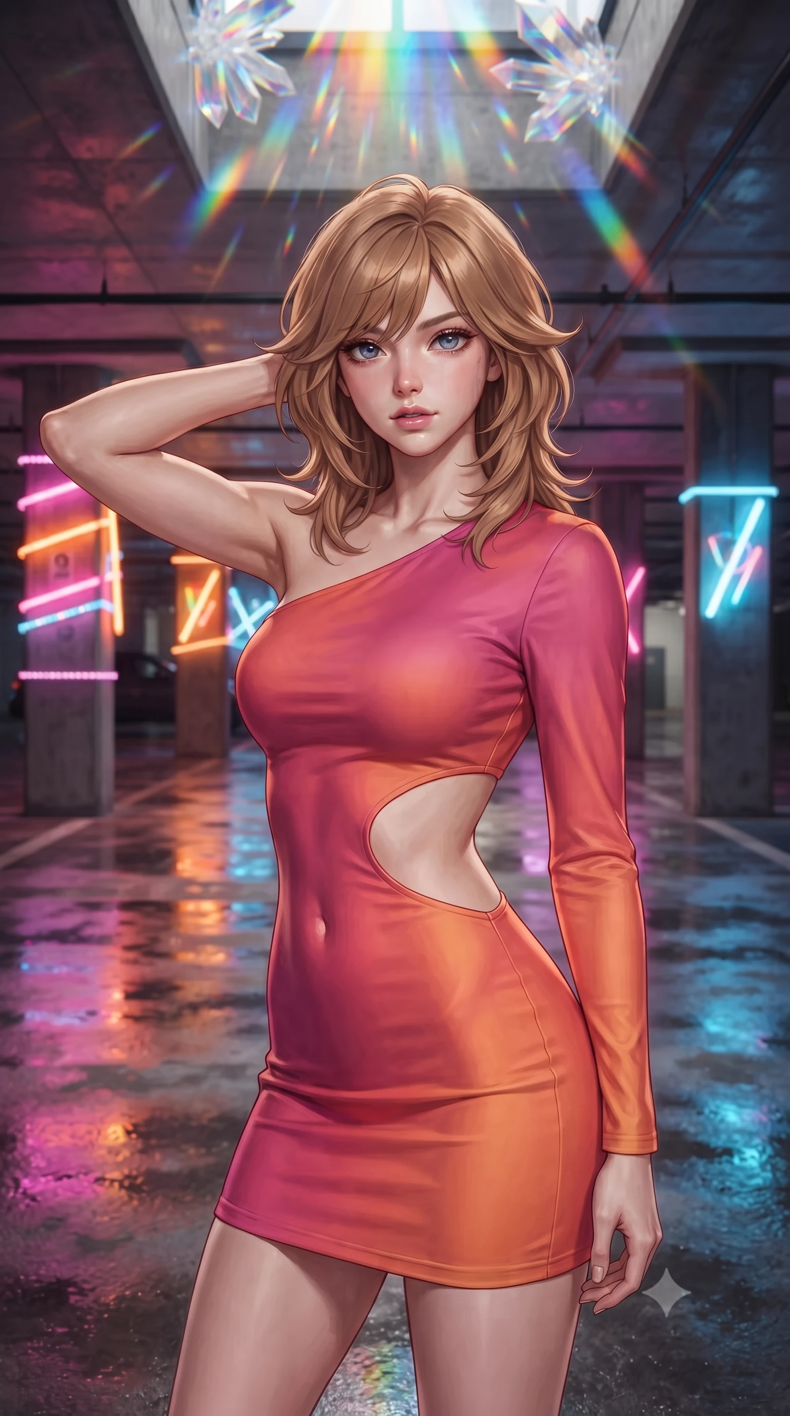 score_9, masterpiece, best quality, ultra-detailed, high-budget anime keyframe, editorial fashion photography, tasteful artistic composition, Korean woman. close-up cowboy shot from the waist and thighs up, the character dominates the composition, filling the frame with her large presence, background elements kept in soft focus. Placing one hand behind her head with confident body language and a direct stare. set against a soft-focus background of a multi-story parking garage transformed by contemporary art installations with every concrete column wrapped in programmable color-changing LED strips and neon tube art pieces casting vivid pools of light on glossy wet concrete. She has an exceptionally elegant and slender, willowy female figure with an ultra-slim waist, a gracefully sculpted slender torso, and a refined slim physique. sharp v-shaped jawline, high-bridge nose, intricate jewel-like eyes with depth, thick eyelashes, glossy lips with a natural sheen. wearing an asymmetric one-sleeve mini dress in a warm fuchsia and orange gradient, with a dramatic side cutout. cascading rainbow prismatic light refracting through crystal formations overhead. 2k, ultra detail, master piece, 9:16 ratio