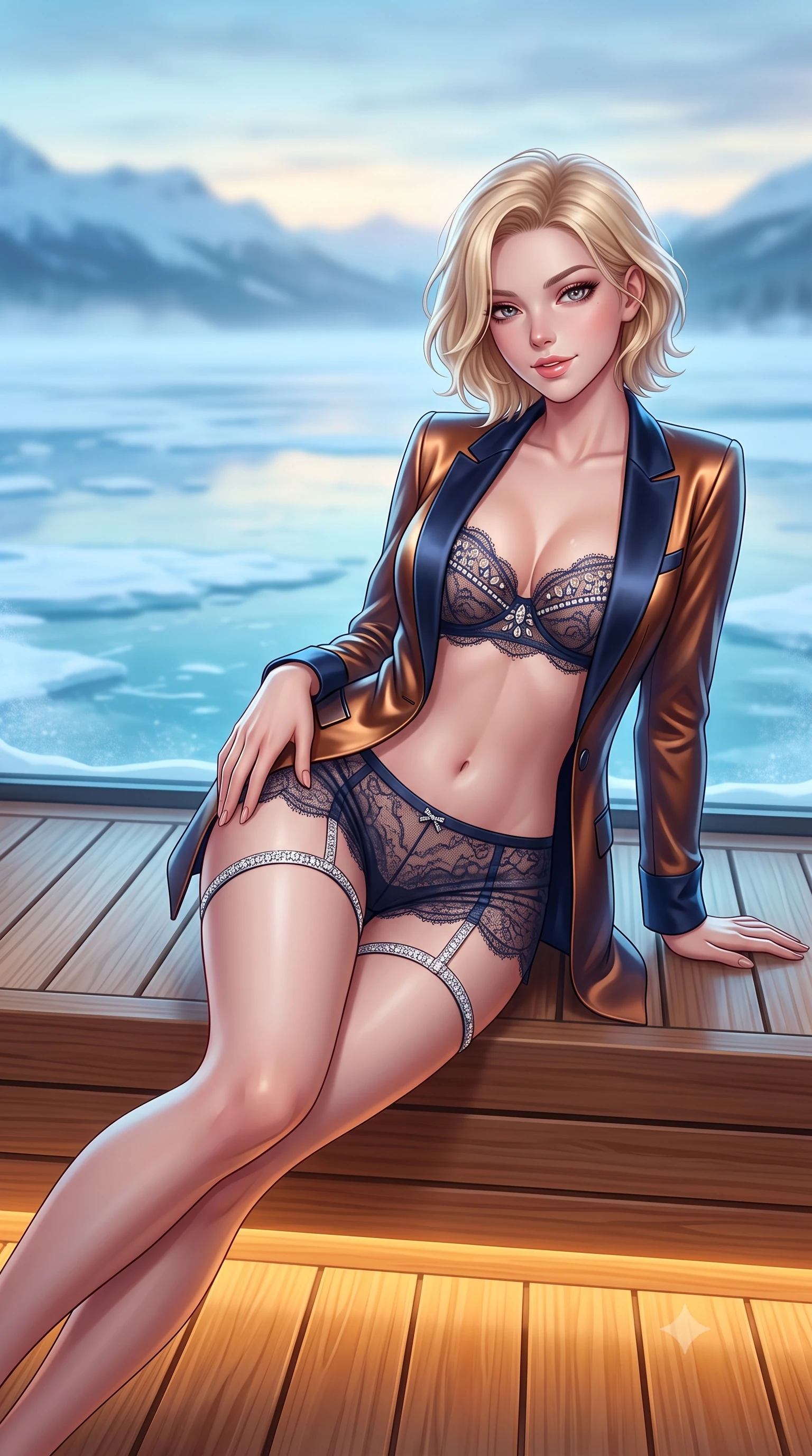 score_9, masterpiece, best quality, ultra-detailed, high-budget anime keyframe, semi-realistic 3D game render, editorial fashion photography, tasteful artistic composition, Caucasian woman. close-up cowboy shot from the waist and thighs up, the character dominates the composition, filling the frame with her large presence. tilting her head with a teasing half-smile, running one hand slowly down the side of her hip in a flirtatious S-curve as ambient light caresses her silhouette while lounging gracefully on the cedar slats with legs extended, resting on one hand while casting an enchanting, parted-lip smile toward the viewer. The background shows a soft-focus expansive frozen lake ice sheets, misty arctic twilight, and distant snow-covered fells blurred into icy cyan, periwinkle, and pale gold bokeh. She has an exceptionally elegant, slender, and willowy female figure with an ultra-slim waist, flat toned midriff, narrow ribcage, and sculpted feminine hips creating an alluring, slim hourglass silhouette without bulk. sharp v-shaped jawline, high-bridge nose, sparkling eyes with hypnotic seductive depth, thick curled eyelashes, glossy parted lips with a natural dewy peach sheen, alluring bedroom-eyes with an enchanting coquettish smile, exuding magnetic siren charisma and sophisticated glamour, flawlessly proportioned anatomical accuracy, strict slender model proportions, natural body alignment, perfectly sculpted long slender limbs, ultra-slim waistline, clean dynamic posture without body distortion. wearing a tailored open-front satin smoking jacket worn over a jewel-embellished bandeau and micro-shorts in molten liquid bronze and deep sapphire navy, made of delicate semi-sheer French Chantilly lace with intricate eyelash edges, finished with delicate crystal-encrusted thigh garter straps glinting in the dim light, the glove-like clinging cut tightly following the natural contour of her hips and long slender legs with youthful 8.5-heads elegance. bathed in warm 2600K amber under-bench LED lighting contrasting with arctic twilight blue through the glass. highly saturated vibrant anime colors, detailed shading with soft gradients, rich glossy textures, high-contrast stereoscopic depth, volumetric dynamic lighting, master piece, 9:16 ratio