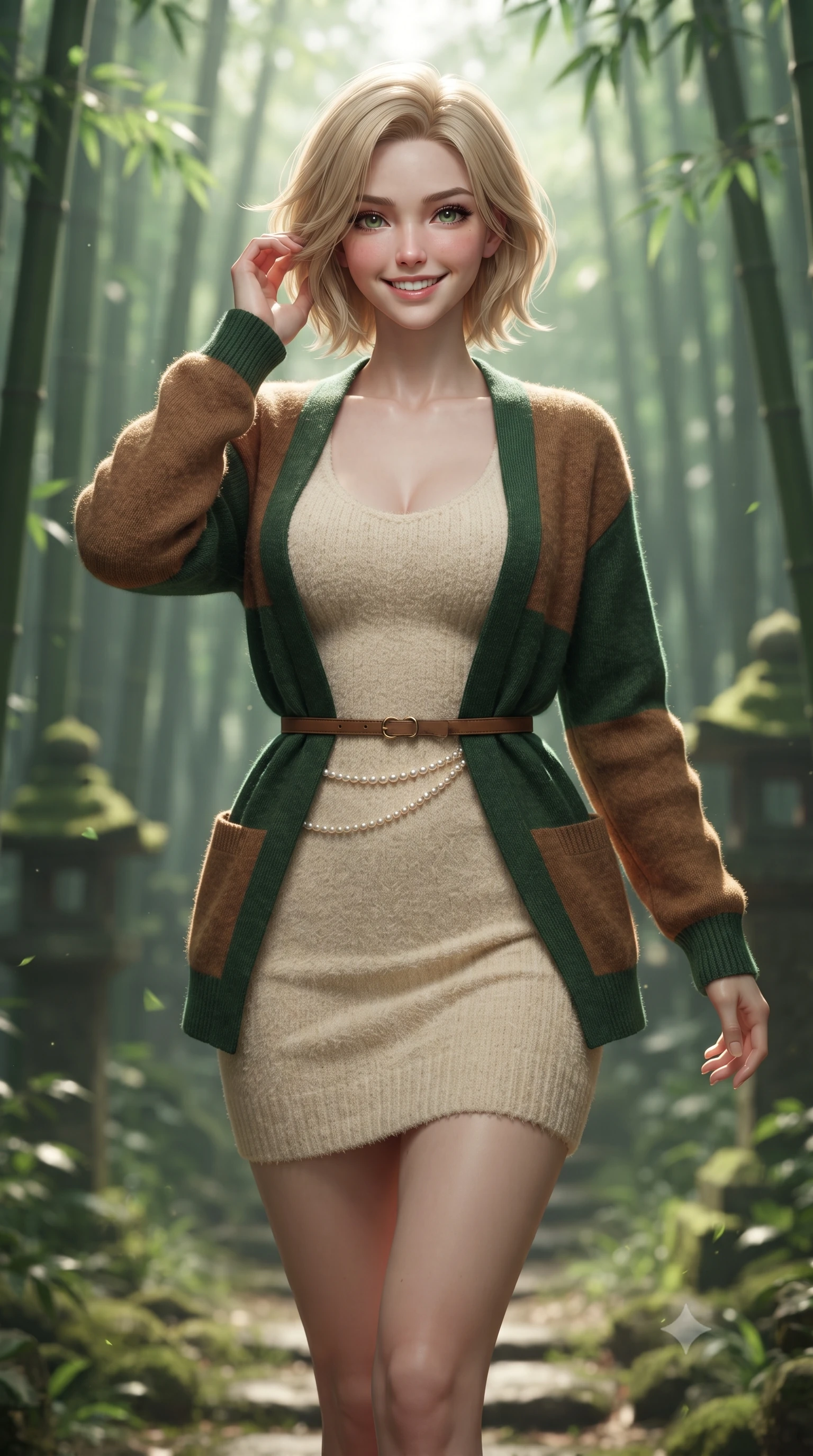 score_9, masterpiece, best quality, ultra-detailed, high-budget anime keyframe, editorial fashion photography, tasteful artistic composition, Caucasian woman. close-up cowboy shot from the waist and thighs up, the character dominates the composition, filling the frame with her large presence. twisting her slender torso in an alluring contrapposto stance, one hand toying with her hair while her gaze radiates magnetic charm while walking slowly beneath the towering bamboo canopy, listening to the gentle rustling leaves with peaceful aristocratic grace. The background shows a soft-focus ancient mossy stone lanterns softened in mystical Japanese natural sanctuary shallow focus. She has an exceptionally elegant, slender, and willowy female figure with an ultra-slim waist, flat toned midriff, narrow ribcage, and sculpted feminine hips creating an alluring, slim hourglass silhouette without bulk. sharp v-shaped jawline, high-bridge nose, intricate jewel-like sparkling eyes with depth, thick eyelashes, glossy parted lips with a natural peach sheen, bright cheerful beaming smile with an enchanting and coquettish sensual glint, exuding both youthful cute charm and seductive allure, flawlessly proportioned anatomical accuracy, strict slender model proportions, natural body alignment, perfectly sculpted long slender limbs, ultra-slim waistline, clean dynamic posture without body distortion. wearing a form-fitting plush chenille knit bodycon dress hugging her torso and hips, layered with a belted open wool cardigan in heritage British racing green and warm cognac brown, woven from fluid liquid silk jersey that clings smoothly to her narrow waist and rounded hips with a dewy sheen, accented with a dainty pearl waist chain catching the ambient sunlight across her sculpted waistline, the second-skin tailored fabric adhering flawlessly to her sculpted flat midriff and slender torso, emphasizing her long leg lines and perfectly proportioned willowy build. illuminated by soft green foliage bounce and crisp jade-gold rim lights sculpting her razor-sharp jawline and tall willowy frame. ultra-reflective glossy finish, specular highlights, rich textural contrasts, high-contrast stereoscopic depth, volumetric dynamic lighting, 2k, ultra detail, master piece, 9:16 ratio