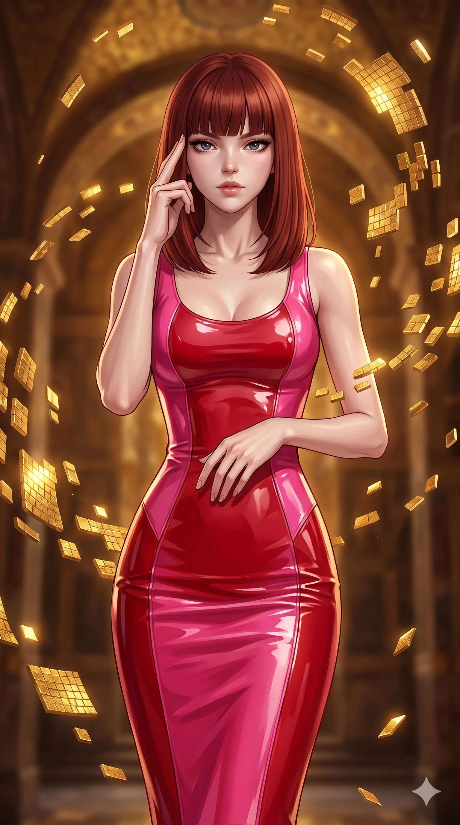 score_9, masterpiece, best quality, ultra-detailed, high-budget anime keyframe, editorial fashion photography, tasteful artistic composition, Caucasian woman, strictly human ears. close-up cowboy shot from the waist and thighs up, the character dominates the composition, filling the frame with her large presence, background elements kept in soft focus. Pressing two fingers to her temple in a composed thoughtful gesture. set against a soft-focus background of a grand Byzantine hall where millions of golden mosaic tiles detach from the walls and ceiling to float and rearrange themselves into new sacred patterns mid-air shimmering with metallic luster. She has an exceptionally elegant and slender, willowy female figure with an ultra-slim waist, a gracefully sculpted slender torso, and a refined slim physique. sharp v-shaped jawline, high-bridge nose, intricate jewel-like eyes with depth, thick eyelashes, glossy lips with a natural sheen. wearing a glossy vinyl-effect pencil dress in dual-tone cherry red and hot pink, sculpting her slender silhouette with lacquered perfection. rich golden light radiating from the mosaic tiles themselves creating a warm omnidirectional glow with deep amber shadows in the architectural recesses. 2k, ultra detail, master piece, 9:16 ratio