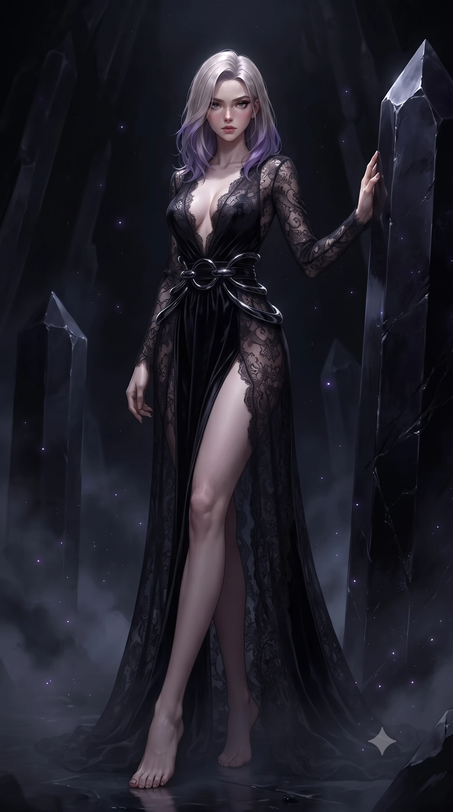 score_9, masterpiece, best quality, ultra-detailed, high-budget anime keyframe, editorial fashion photography, tasteful artistic composition, Caucasian woman. low angle full-body shot from head to toe showing her feet, filling the entire 9:16 vertical frame with her statuesque presence, stretching her vertical silhouette. forging confidently through the dark atmospheric mist, holding a poised statuesque stance, resting against a colossal dark crystal monolith in a silent pitch-black cavern, fine violet bioluminescent dust floating in pitch-black air. She has an absolutely perfect, statuesque 8.5-heads proportion, an exceptionally tall and slender model-like female figure with impossibly long slender legs and an ultra-slim waist. sharp v-shaped jawline, high-bridge nose, intricate jewel-like eyes with depth, thick eyelashes, glossy lips with a natural sheen. wearing gothic nebula sheer dark lace gown with plunging neckline in pitch-black onyx, made of crushed dark silk velvet, accented with sculpted obsidian chrome rings at the waist, contouring every curve with an exceptionally elegant silhouette. bathed in dramatic chiaroscuro with a single sharp key light emerging from pitch-black shadows. highly saturated vibrant anime colors, detailed shading with soft gradients, rich glossy textures, high-contrast stereoscopic depth, volumetric dynamic lighting, master piece, 9:16 ratio