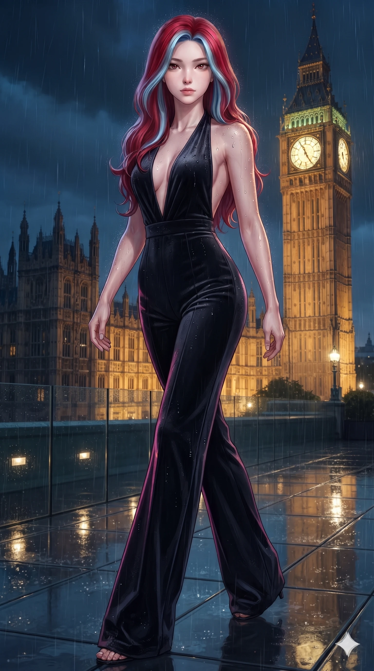 score_9, masterpiece, best quality, ultra-detailed, high-budget anime keyframe, editorial fashion photography, tasteful artistic composition, Caucasian woman. low angle full-body shot from head to toe showing her feet, filling the entire 9:16 vertical frame with her statuesque presence, stretching her vertical silhouette. striding across the rain-swept glass terrace, nocturnal breezes whipping her garments open to accentuate her long slender legs and curvy hips while twisting her slender torso in an alluring contrapposto stance, golden clocktower reflections dancing across her flat midriff and curvy hips. The surrounding environment is rendered in vivid detail and crisp panoramic clarity: detailed tailored velvet jacket drape, silk lapel sheen, and iconic British gothic architecture in razor-sharp precision. She has an exceptionally tall and slender model-like 8.5-heads proportion, an ultra-slim waist, a flat toned midriff, narrow delicate ribcage, and beautifully sculpted feminine hips creating a graceful, slim hourglass silhouette without any bulky heaviness, with impossibly long slender legs. sharp v-shaped jawline, high-bridge nose, intricate jewel-like dark sparkling eyes with dangerous depth, thick curled eyelashes, glossy parted lips with a rich wine sheen, smoldering seductive half-smile with bedroom-eyes, exuding effortless superiority and intoxicating dark allure, flawlessly proportioned anatomical accuracy, strict slender model proportions, natural body alignment, perfectly sculpted long slender limbs, ultra-slim waistline, clean dynamic posture without body distortion. wearing a plunge-front tailored velvet halter jumpsuit with wide fluid legs and backless scoop in wet asphalt charcoal and neon magenta reflections, woven from bespoke high-density barathea wool with refined ceremonial hold, finished with glistening rain droplets beading across her sculpted shoulders and flat midriff, the form-fitting cut adhering flawlessly to her sculpted flat midriff and slender torso, emphasizing her long leg lines and perfectly proportioned willowy build. bathed in the majestic golden glow of Big Ben floodlights contrasting with deep river night blues. ultra-reflective glossy finish, specular highlights, rich textural contrasts, high-contrast stereoscopic depth, volumetric dynamic lighting, 2k, ultra detail, master piece, 9:16 ratio