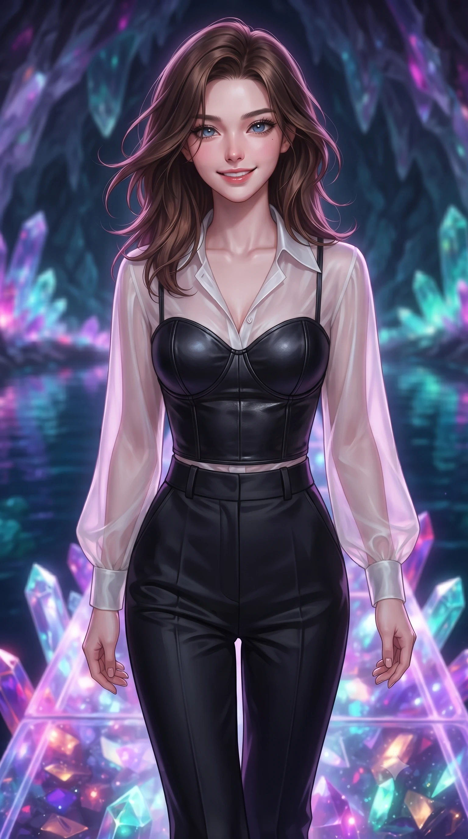 score_9, masterpiece, best quality, ultra-detailed, high-budget anime keyframe, editorial fashion photography, tasteful artistic composition, Korean woman. close-up cowboy shot from the waist and thighs up, the character dominates the composition, filling the frame with her large presence, background elements kept in soft focus. Smiling with quiet, magnetic self-assurance directly into the lens stepping along a glowing quartz crystal bridge over a subterranean mirror lake, sharp crystalline reflections creating an opulent, jewel-like ambience. She has an exceptionally elegant, slender, and willowy female figure with an ultra-slim waist, a gracefully sculpted slender torso, and a refined silhouette. sharp v-shaped jawline, high-bridge nose, intricate jewel-like eyes with depth, thick eyelashes, glossy lips with a natural sheen. wearing a tailored leather bustier over a sheer silk chiffon blouse with tailored slacks, the sleek second-skin texture accentuating her magnetic presence. illuminated by radiant purple, magenta, and cyan crystal inner glow. ultra-reflective glossy finish, specular highlights, metallic sheen, high-contrast stereoscopic depth, volumetric dynamic lighting, 2k, ultra detail, master piece, 9:16 ratio