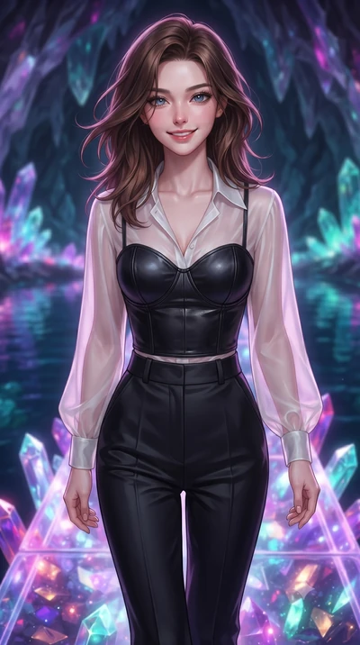score_9, masterpiece, best quality, ultra-detailed, high-budget anime keyframe, editorial fashion photography, tasteful artistic composition, Korean woman. close-up cowboy shot from the waist and thighs up, the character dominates the composition, fi