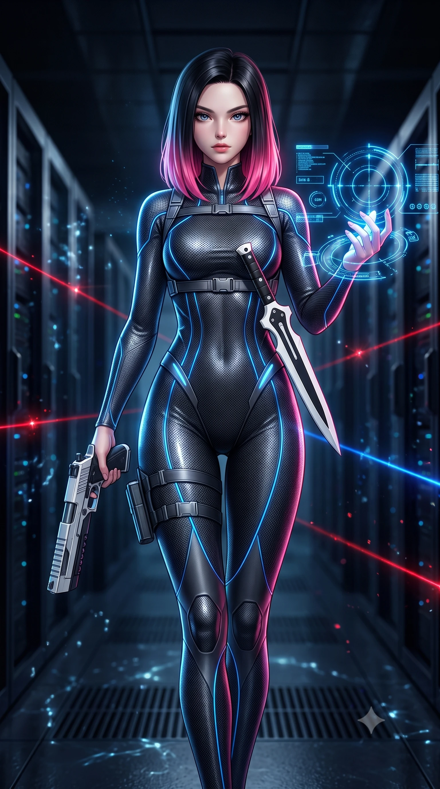 score_9, masterpiece, best quality, ultra-detailed, high-budget anime keyframe, semi-realistic 3D game render, editorial fashion photography, tasteful artistic composition, Korean woman. close-up cowboy shot from the waist and thighs up, the character dominates the composition, filling the frame with her large presence. extending one arm gracefully as glowing holographic targeting reticles and data streams orbit her fingertips with sovereign power while striding down a server aisle with twin pistols held ready, hips swaying with fierce, confident authority. The composition keeps background elements in soft focus with creamy bokeh. sparkling aquatic caustics and laser beam sights scattering light motes across a dark subterranean backdrop. She has an exceptionally elegant, slender, and willowy female figure with an ultra-slim waist, a gracefully sculpted slender torso, toned flat midriff, and a refined slim silhouette. sharp v-shaped jawline, high-bridge nose, intricate jewel-like eyes with depth, thick eyelashes, glossy lips with a natural sheen, flawlessly proportioned anatomical accuracy, strict slender model proportions, natural body alignment, perfectly sculpted long slender limbs, ultra-slim waistline, clean dynamic posture without body distortion. wearing an aerodynamic dark titanium carbon-mesh jumper with glowing blue fiber lines, holding twin chrome vibro-daggers with deadly supermodel poise in monochrome white enamel carbon with high-contrast black panels, made of liquid carbon-jersey fabric adhering flawlessly to her sculpted silhouette, reinforced by a sleek titanium tactical harness and glowing micro-energy straps, the form-contouring material adhering flawlessly to her sculpted flat midriff and slender torso, emphasizing her long leg lines and perfectly proportioned willowy build. illuminated by crisp white key light and sharp specular highlights tracing her slender curves. rich saturated anime colors with glowing neon highlights, detailed shading with soft gradients, rich glossy textures, high-contrast stereoscopic depth, volumetric dynamic lighting, master piece, 9:16 ratio