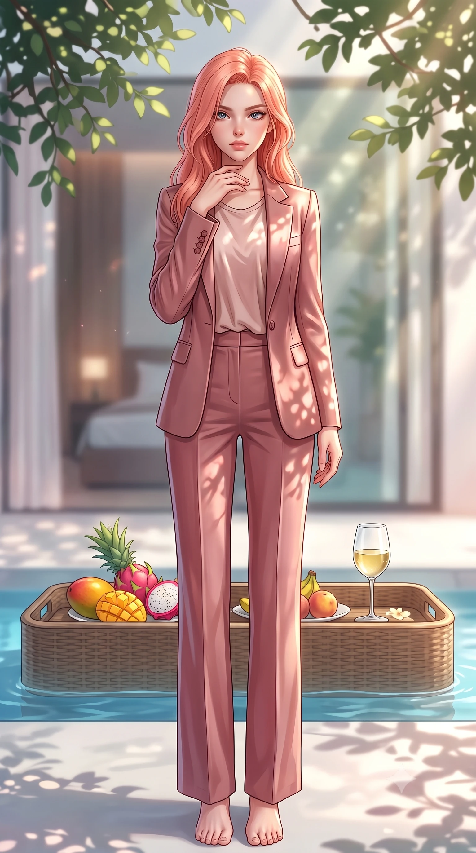 score_9, masterpiece, best quality, ultra-detailed, high-budget anime keyframe, editorial fashion photography, tasteful artistic composition, Japanese woman. low angle full-body shot from head to toe showing her feet, filling the entire 9:16 vertical frame with her statuesque presence, stretching her vertical silhouette. posing cutely yet provocatively, resting one hand against her collarbone while gazing deeply into the lens set against a soft-focus background of inside an exclusive vanity suite with a floating pool tray of tropical fruits and chilled wine in soft focus. She has an absolutely perfect, statuesque 8.5-heads proportion, an exceptionally tall and slender model-like female figure with impossibly long slender legs and an ultra-slim waist. sharp v-shaped jawline, high-bridge nose, intricate jewel-like eyes with depth, thick eyelashes, glossy lips with a natural sheen. wearing tailored dusty rose liquid satin tailored casual blazer paired with a loose tee and wide-leg trousers featuring refined tailored seams. highlighted by dappled sunlight filtering through leafy branches, creating soft organic patterns. highly saturated vibrant anime colors, detailed shading with soft gradients, rich glossy textures, high-contrast stereoscopic depth, volumetric dynamic lighting, master piece, 9:16 ratio