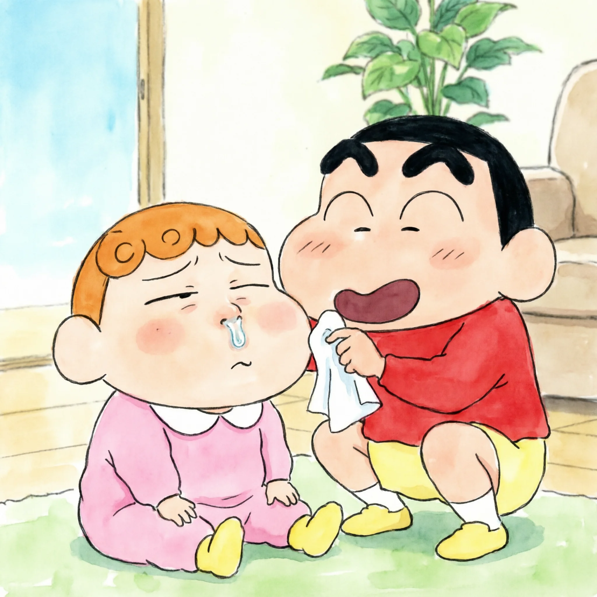 일본 짱구 만화에서 맹구의 콧물을 짱구가 닦아주는 모습을 이미지로 생성해줘.