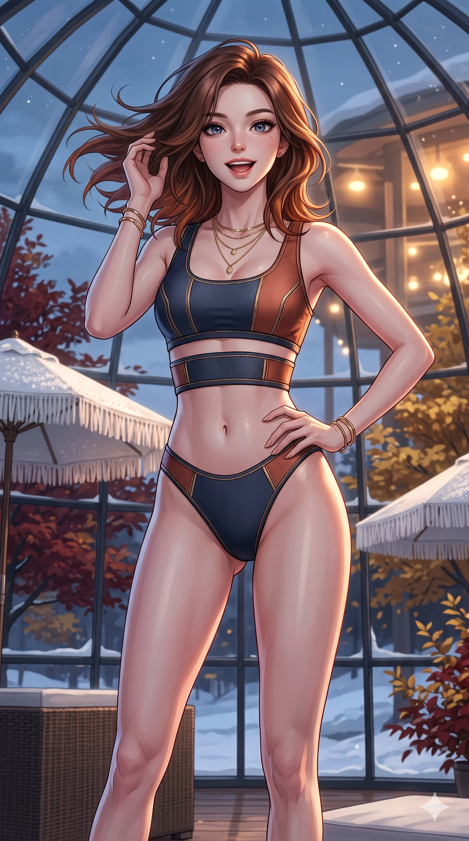 score_9, masterpiece, best quality, ultra-detailed, high-budget anime keyframe, vibrant anime aesthetic, Korean woman. cowboy shot from the thighs up, character and outfit filling the frame for maximum presence. She is standing tall with a lively smile, her hair blowing in the autumn breeze by a ski club lounge under white umbrellas (Code-P21-079). She has an absolutely perfect 8-heads proportion, an exceptionally tall and slender female figure with impossibly long slender legs and an ultra-slim waist. V-shaped jawline, high-bridge nose, intricate jewel-like eyes with depth, thick eyelashes, glossy lips with a natural sheen. wearing a sleek swimsuit with high-cut lines and exposed waist in the snow. She is warm glowing resort light filtering through the glass dome in snow, outlining her features. 2k, ultra detail, master piece, 9:16 ratio